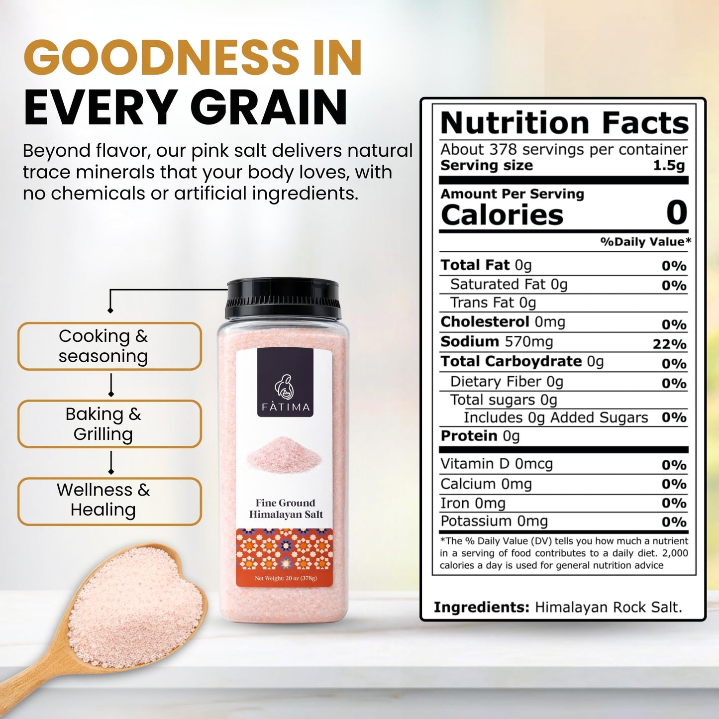 Fàtima Fine Ground Pink Himalayan Salt | 100% Pure & Mineral-Rich Himalayan Rock Salt for Grinder Refill | Natural, Unrefined & Non-GMO Fine Powder for Cooking, Seasoning, Baking & Table Use | 20 Oz