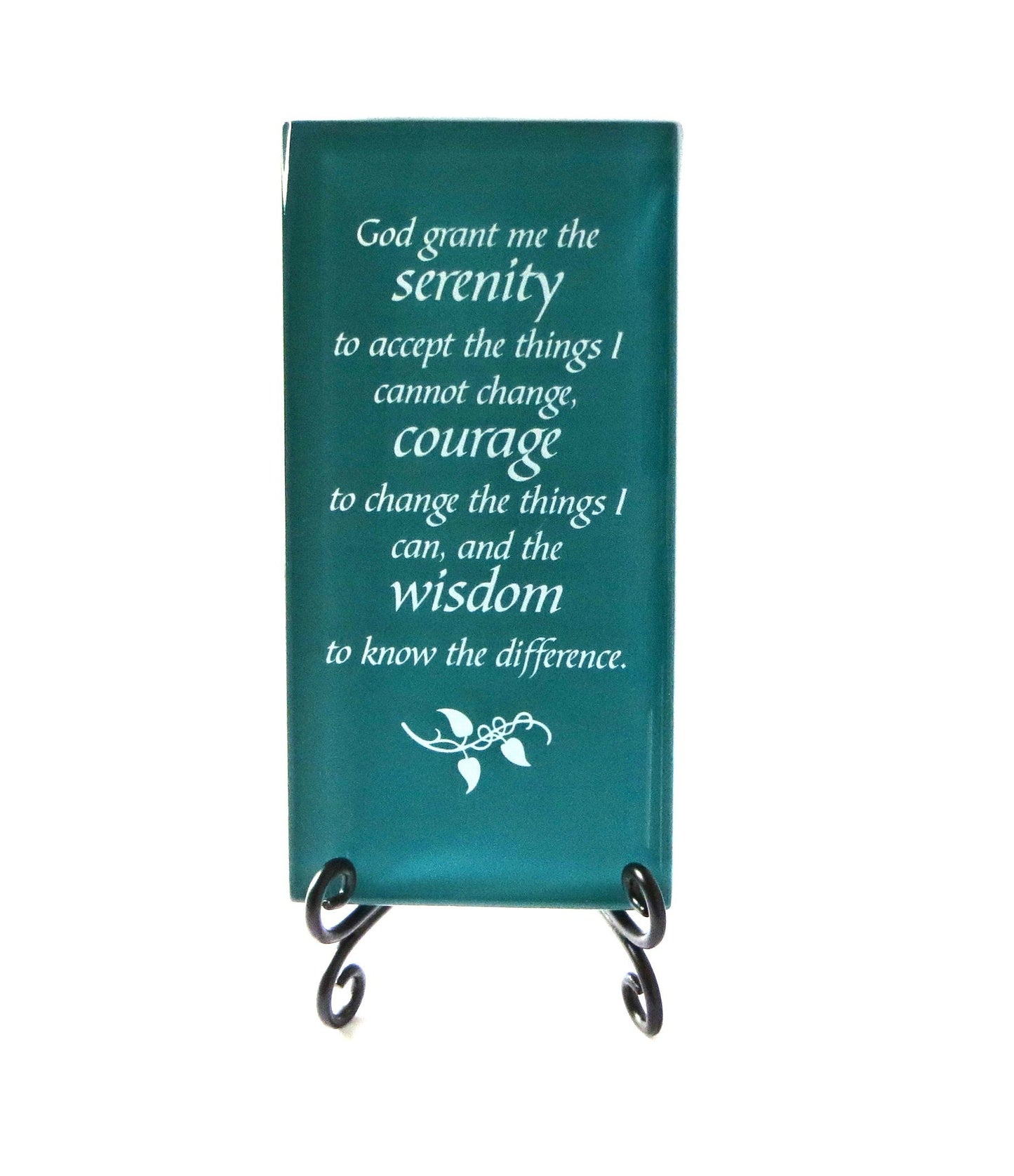 The Serenity Prayer Inspirational Glass Plaque. Encouraging and Centering Words To Empower. Includes a Folding Easel. By Lifeforce Glass. Dark Teal.