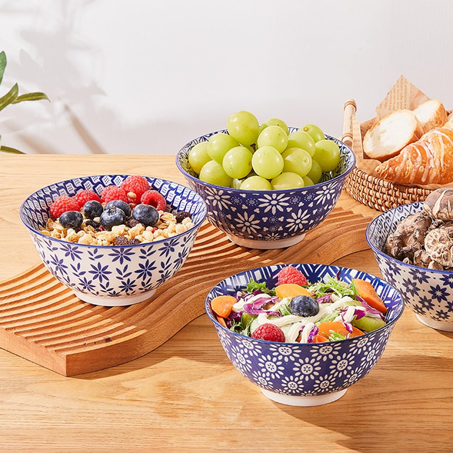 AntoKueh 6 inches Blue and White Ceramic Bowls, 23Oz Deep Cereal Porcelain Bowls set of 6, Large Soup Bowls for Salad, Fruit, Vintage, Party Tableware