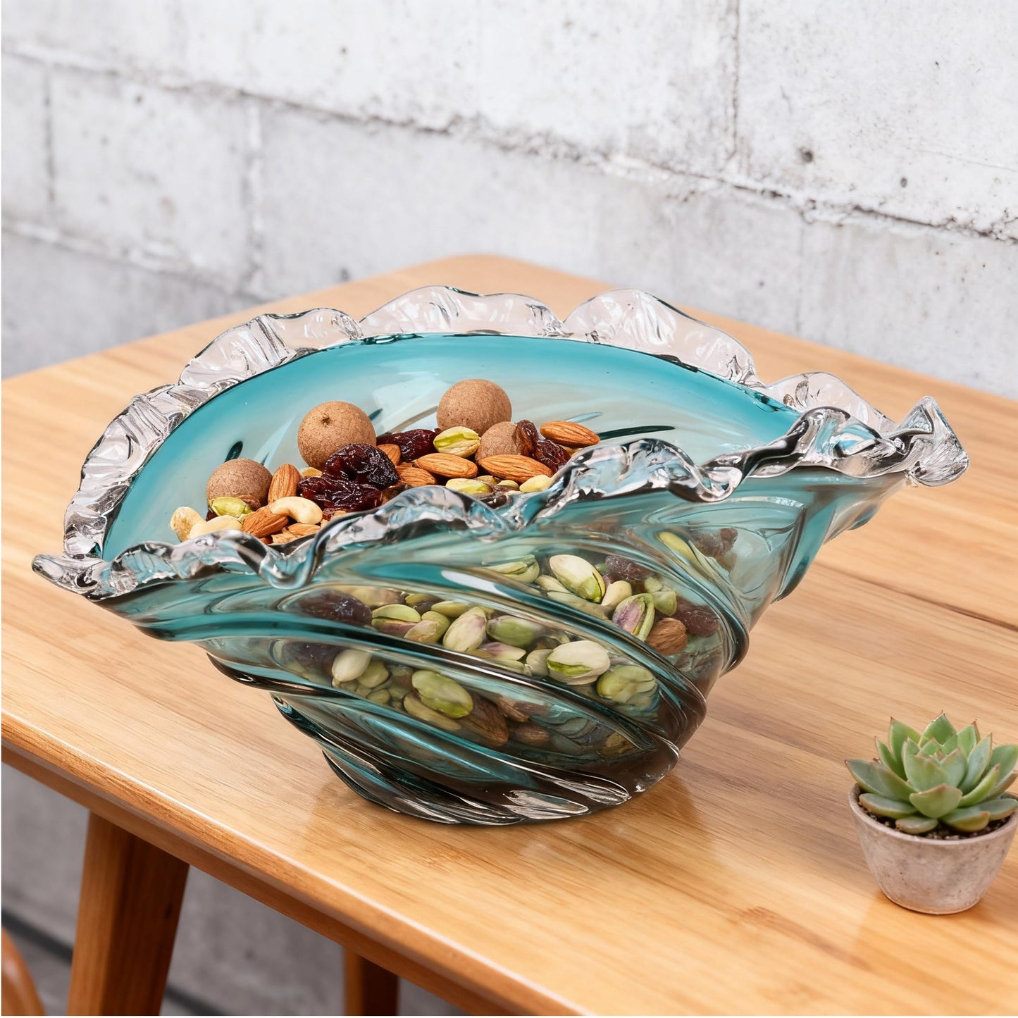 suruim Hand Blown Blue Ocean Wave Crystal Glass Bowl - Large Glass Bowl Decorative Sea Glass Fruit Bowls Art for Coastal & Modern Home Office Centerpiece