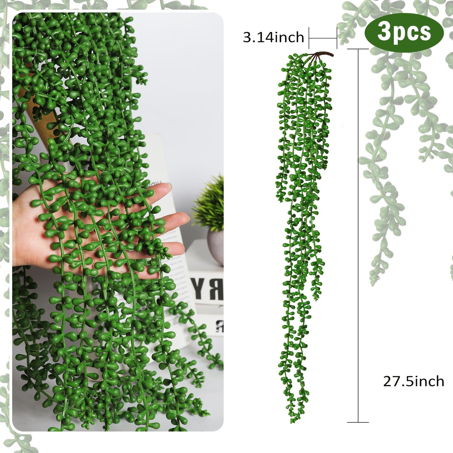 RECUTMS Artificial Succulents Hanging Plants 3pcs Fake Hanging Plants String of Pearls Faux Greenery Wall Plant Spring Summer Indoor Outdoor Home Garden Bookshelf Office Wedding Graduation Party Decor