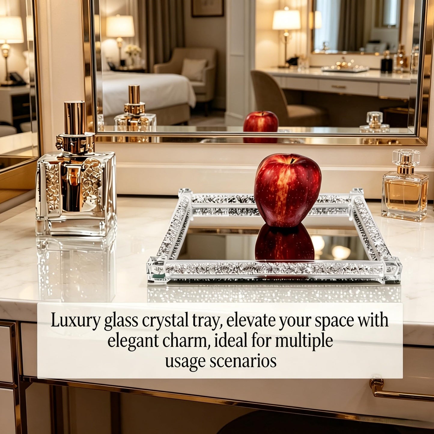 Crystal Mirror Tray with PU Leather Tissue Box Set - 2-Piece Bathroom Vanity Organizer, Decorative Perfume Tray and Tissue Holder for Bedroom, Living Room, Kitchen Countertop, Elegant Home Decor