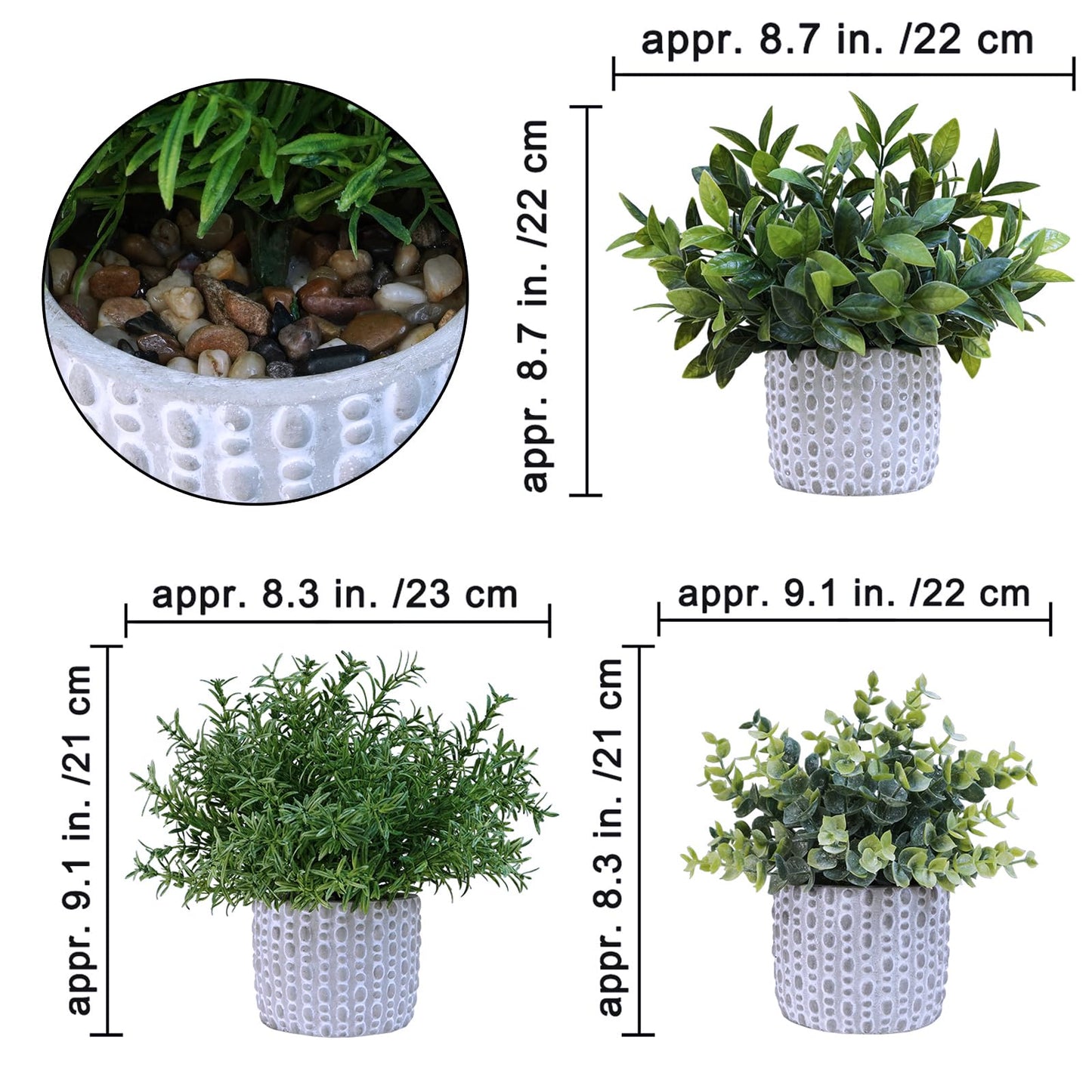 Winlyn 3 Pcs Artificial Potted Plants - Faux Eucalyptus, Boxwood, Rosemary, Greenery in Small Concrete Pots -Desk, Table, Shelf, Windowsill Decor for Indoor Outdoor Home Office