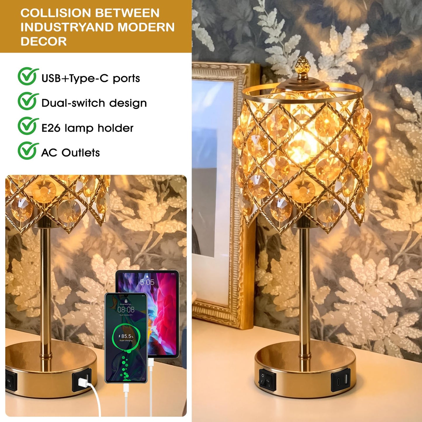WELAISA Crystal Table Lamp, Gold, 3-Way Dimmable