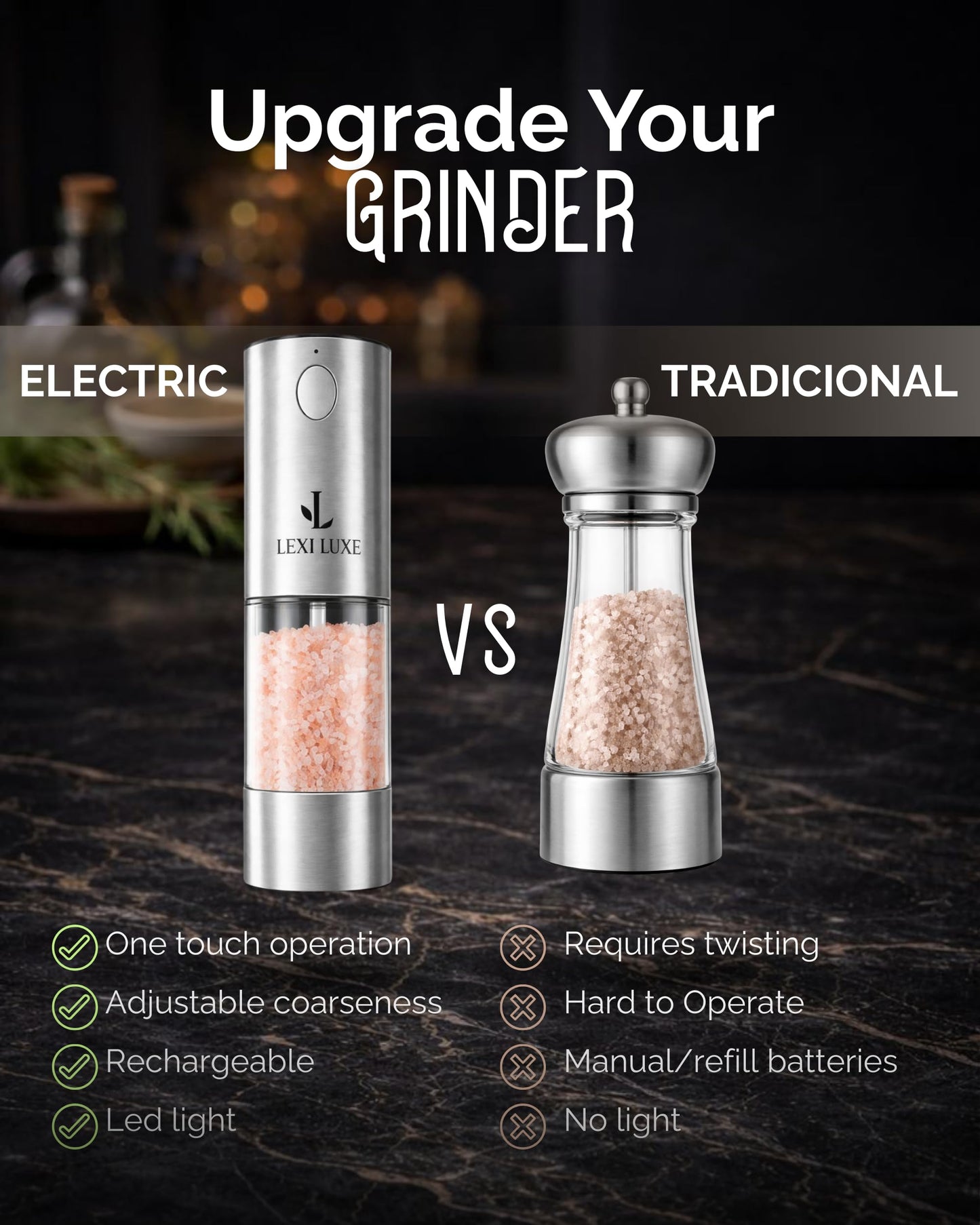 Electric Salt and Pepper Grinder Set, Rechargeable USB-C Automatic Grinder with Charging Base, LED Light, Adjustable Coarseness – Stainless Steel Pepper Mill Set (SILVER)