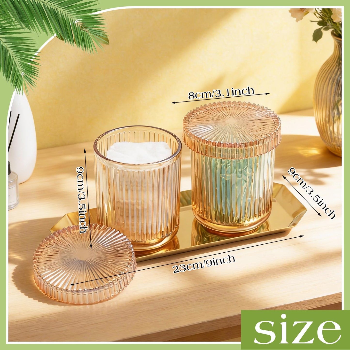 Yiyiring 2 Pcs Crystal Glass Candy Jars Set with Lids and Stainless Steel Vanity Tray, Q tip Holder, Apothecary Jars, Glass Bathroom Accessories Organizer, Esthetic Modern Bathroom Decor(Amber)