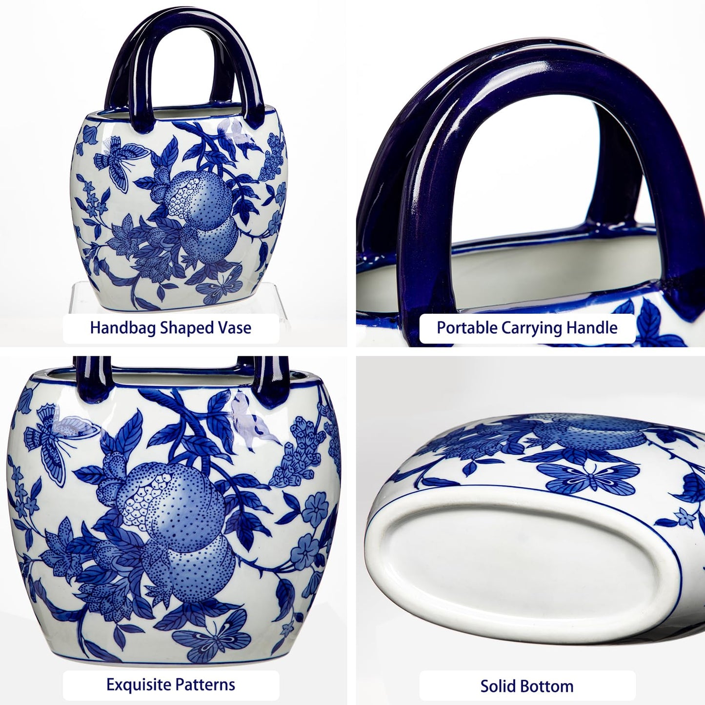 Ceramic Purse Vase for Flowers, Blue and White Porcelain Vases for Centerpieces Decorative Medium Handbag Vases for Flowers Pottery Chinoiserie Vase for Living Room Kitchen Dinner Table Shelf
