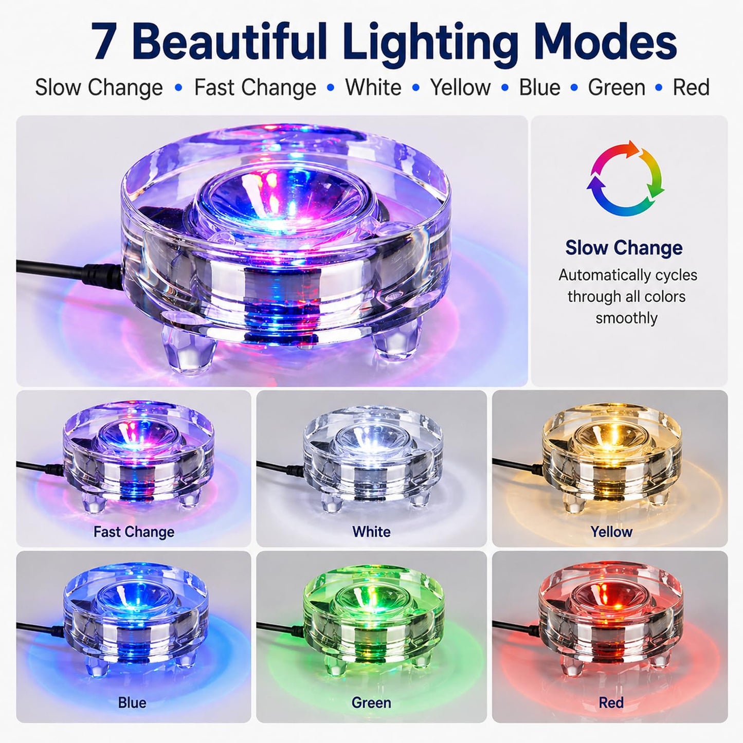 Zerelys Display Multicolor LED Light Base for 3D Crystal Glass Art, Acrylic, Figurines, 7 Color Changing Base, USB Powered (Round)