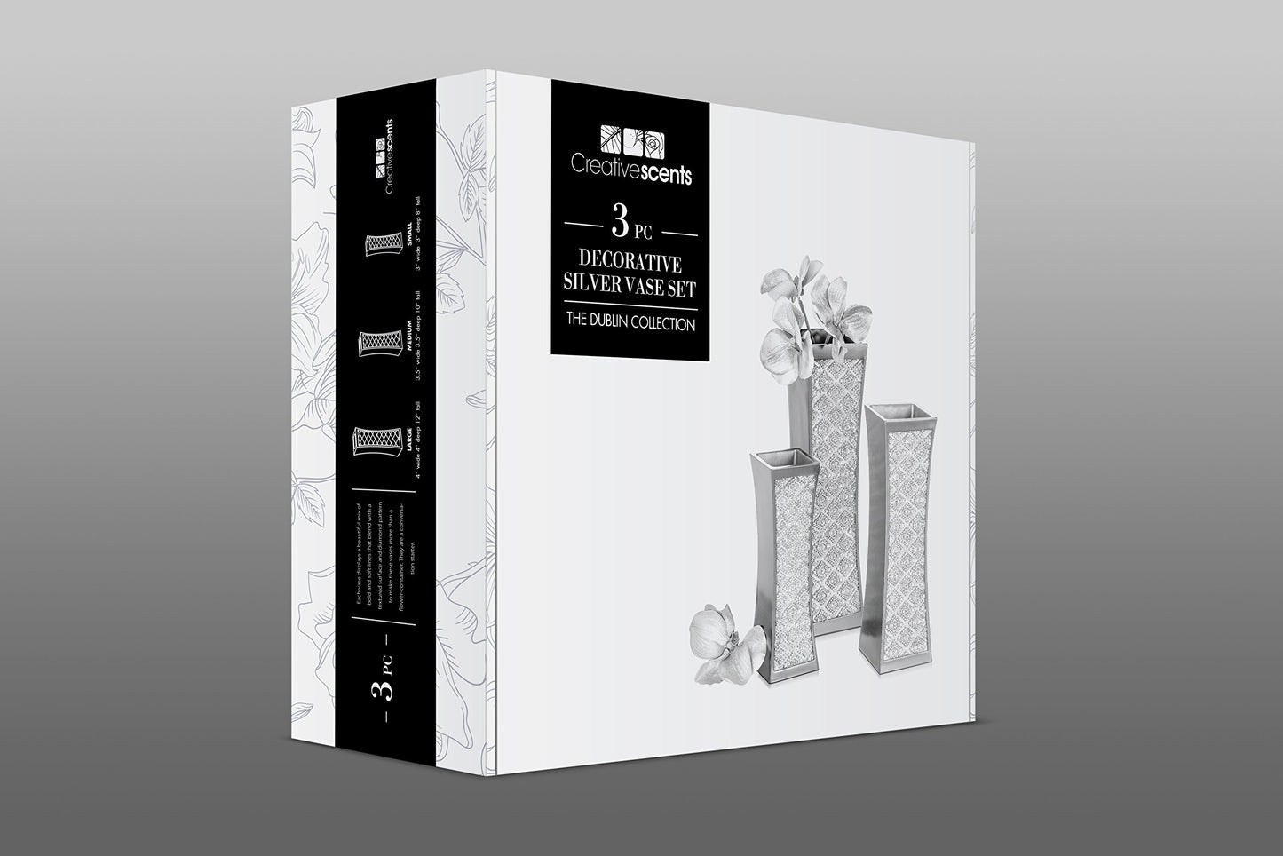Creative Scents Dublin Silver Vases Set of 3 - Centerpieces for Dining Room Table, Decorative Vases Home Decor Accents for Living Room, Bedroom, Kitchen, Coffee Table Decor - Packaged in Gift Box