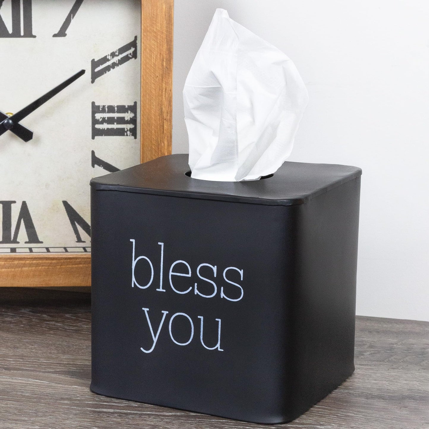 AuldHome Design Square Tissue Box Cover (Black); Modern Farmhouse Enamelware Tissue Holder
