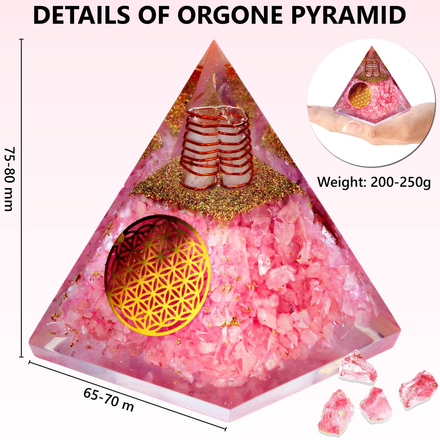 ANAYA AGATE Rose Quartz Orgone Pyramid – Handmade Orgonite Pyramid with Flower of Life – Rose Quartz Crystal Pyramid for Love, Relationship, Chakra Balance – Meditation Pyramid for Yoga, Reiki