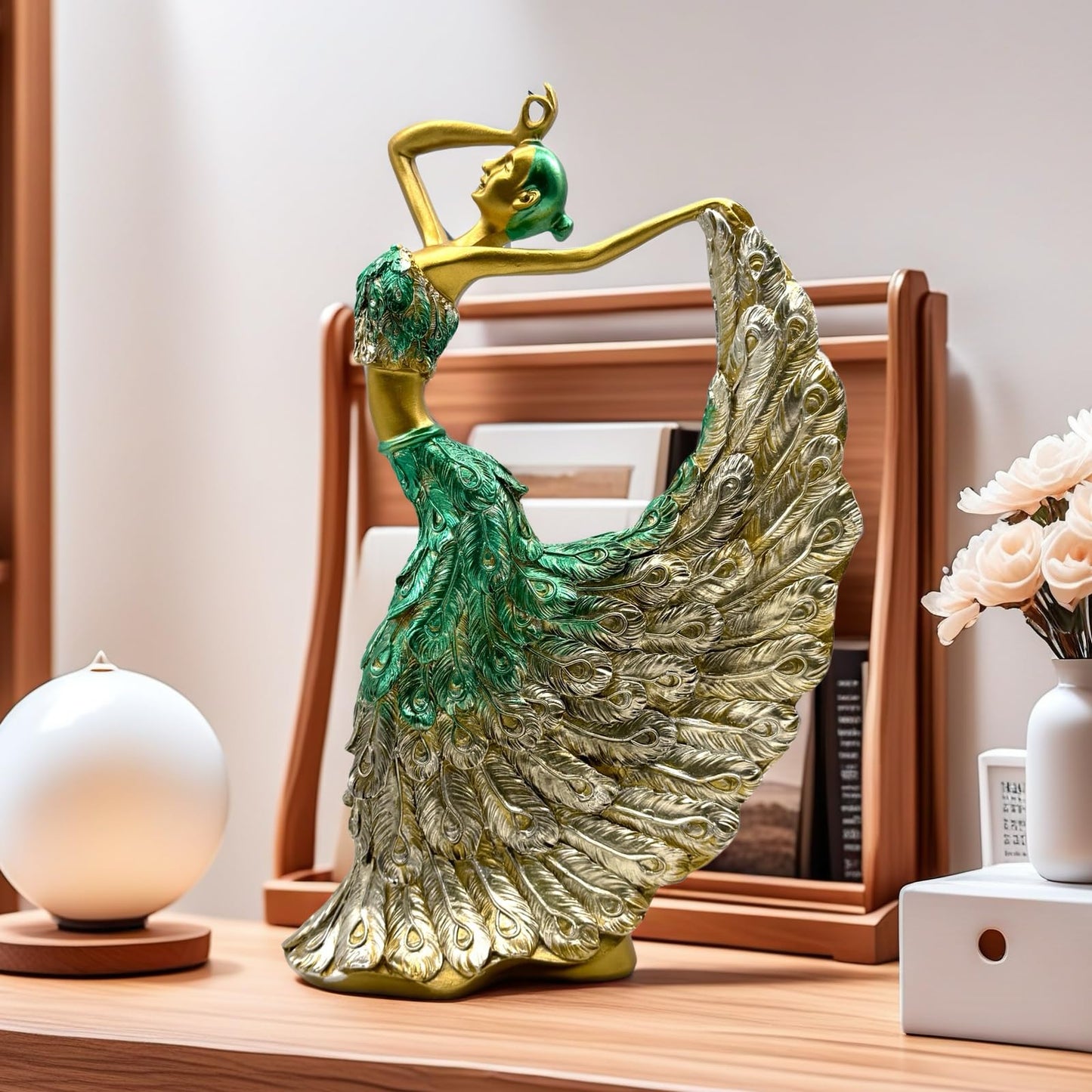 XINDAM Elegant Peacock Art Figurine Dancer Statue Decorative Home & Office Figurines Home Office Display Craft Living Room Decor Ornaments for Tabletop