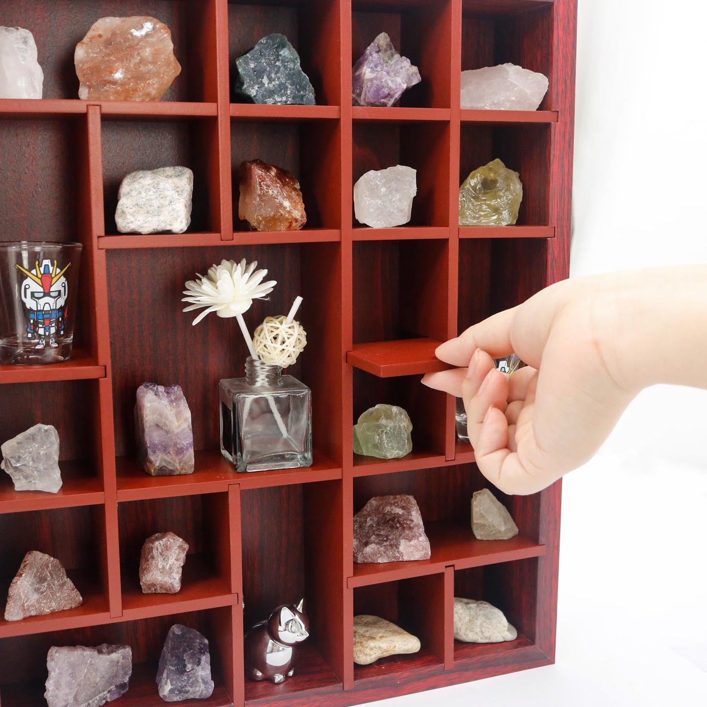 FramePro Rock Display Case - Adjustable Mineral Collection Box with Glass Lid, Wooden Cabinet for Rock, Fossil, Crystal, Seashell Collections - Geology Gift for Adults/Kids (16" x 13.5", Cherry)