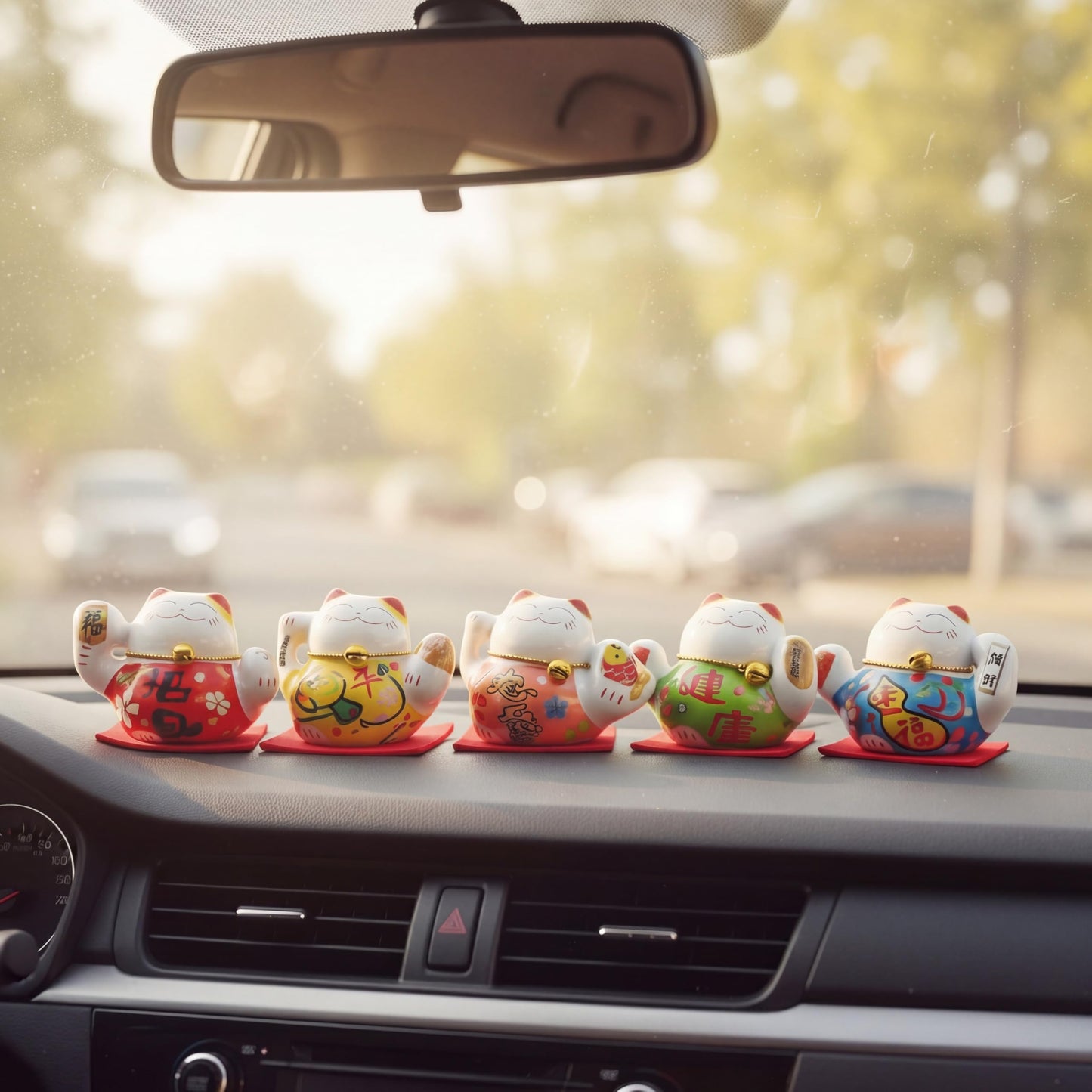 HANTHES Lucky Cat Figurines Set of 5 Mini Maneki Neko Small Cat Figurines 2 Inch Ceramic Beckoning Cat Statues Japanese Fortune Cat Decor for Home Desk Shelf Collection Gift with PVC Box