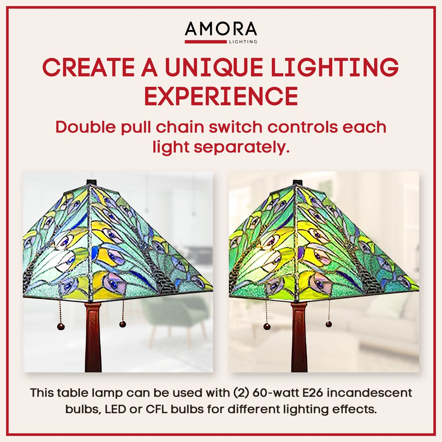 Amora Vintage Tiffany Table Lamp - Peacock Table Night Light - Turquoise Glass Nightstand Lamp - 23” Tall Stained Glass Lamp
