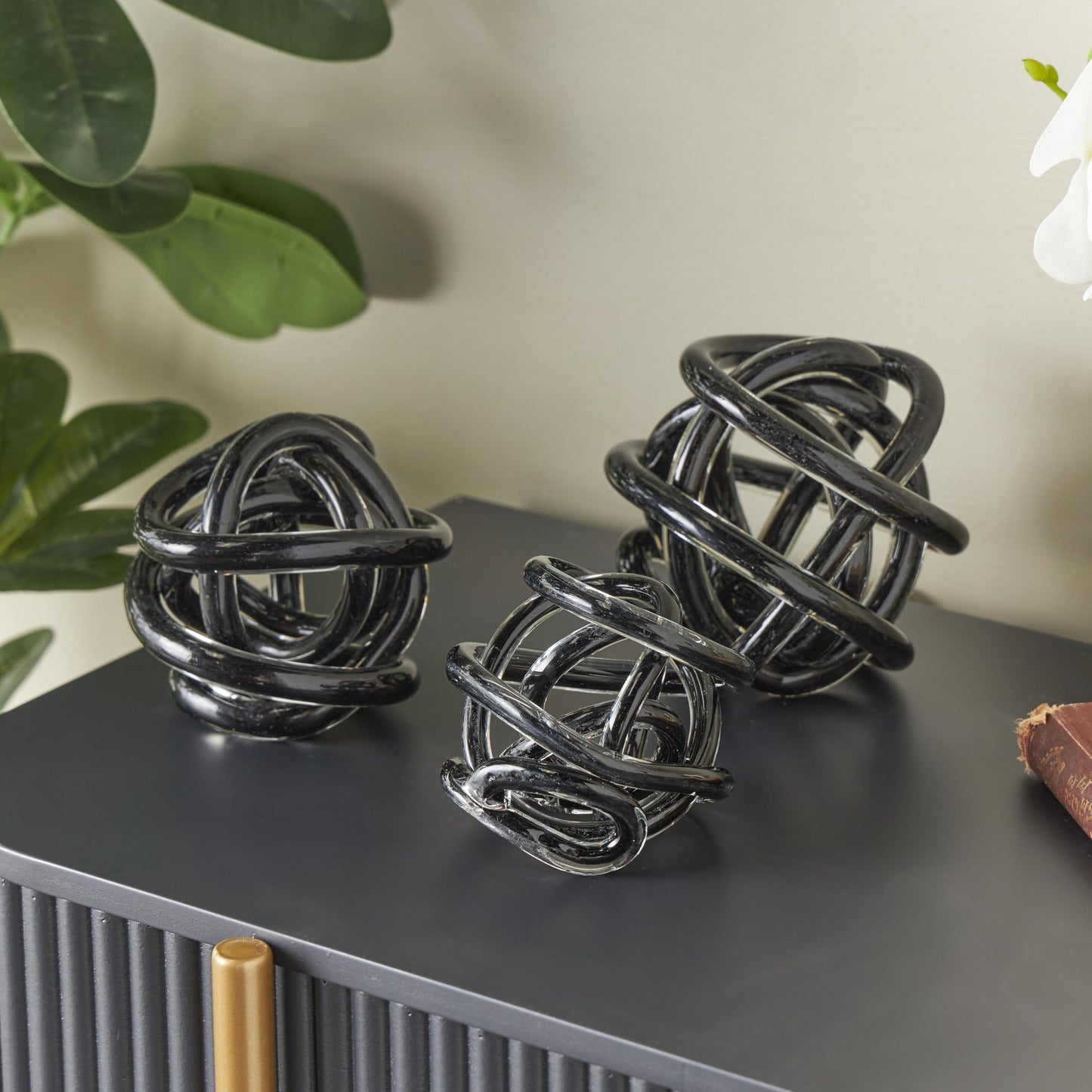 Deco 79 Glass Knot Decorative Sculpture Knotted Ball Home Decor Statues, Set of 3 Accent Figurines 5", 4", 4"W, Black