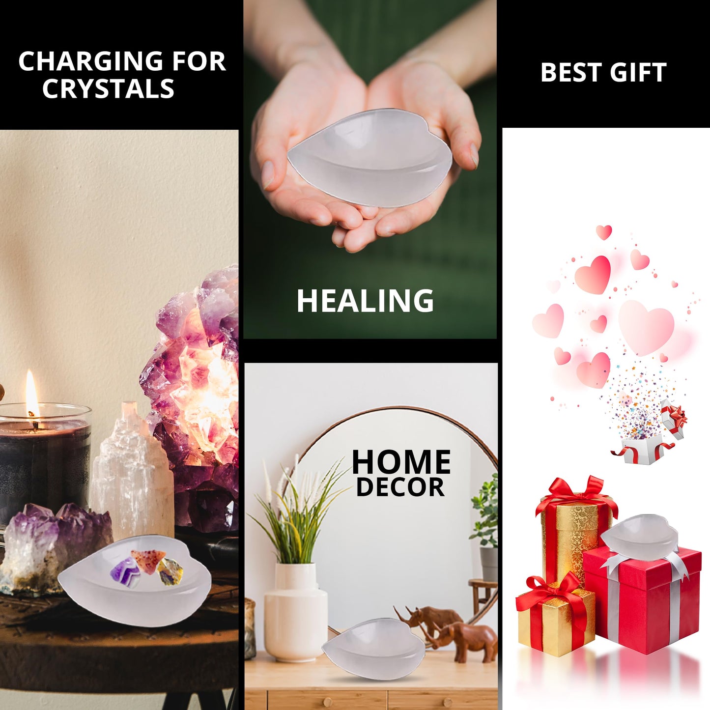 WBM Selenite Crystal Heart Shape Bowl 10cm, Reiki Healing Medication & Home Decoration Stone, Ideal for Cleansing and Smudging Plate, White