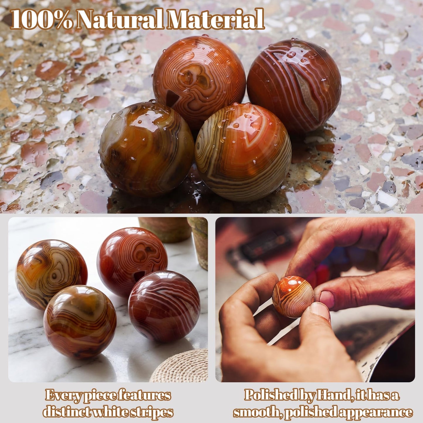 Whimsibelle 4 Pcs Natural Silk Agate Banded Balls Large Agate Crystal Sphere 30-35mm Tumbled Gems Stone Meditation Ball for Witchcraft and Decorative Balls, Meditation, Home Decor