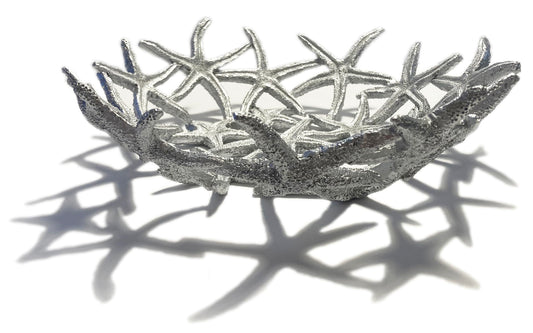 Mazeology Nautical Beach Starfish Centerpiece Bowl 11” Diameter Cast Resin Decorative Shiny Silver