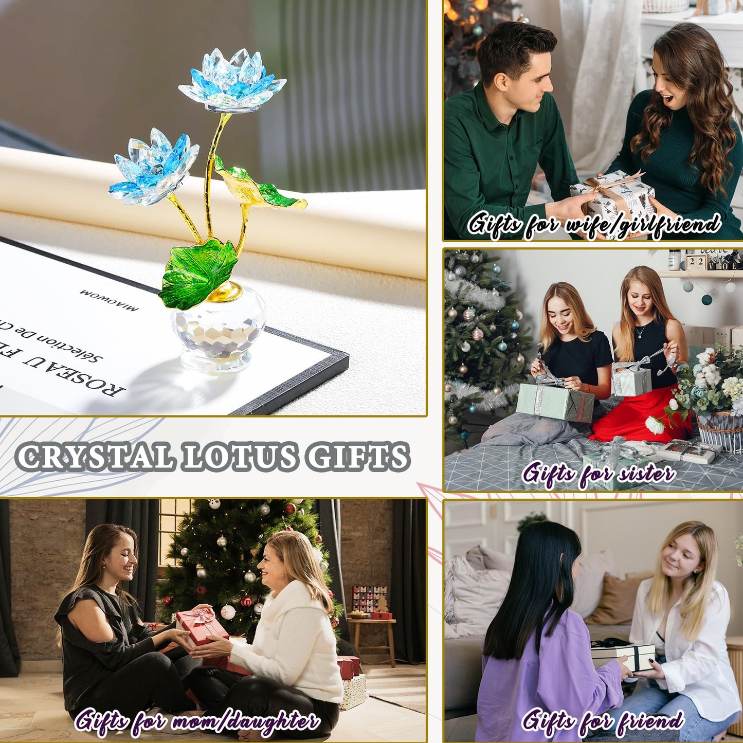 YWHL Blue Crystal Lotus Flower Figurine with Vase, Handmade Lotus Gifts Bouquet for Women on Birthday Christmas Mother's Day, Glass Lotus Flower Home Party Office Decor