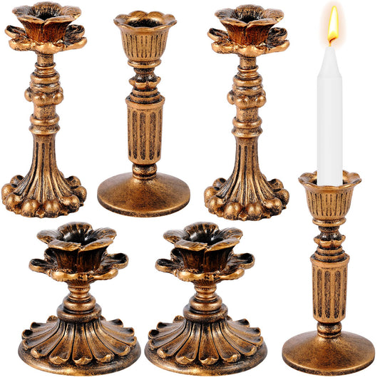 Suclain 6 Pcs Vintage Candlestick Holders Taper Resin Candle Holder Retro Antique Candle Holder Floral Decorative Candlesticks for Wedding Anniversary Table Centerpieces Fireplace Home Decor (Bronze)