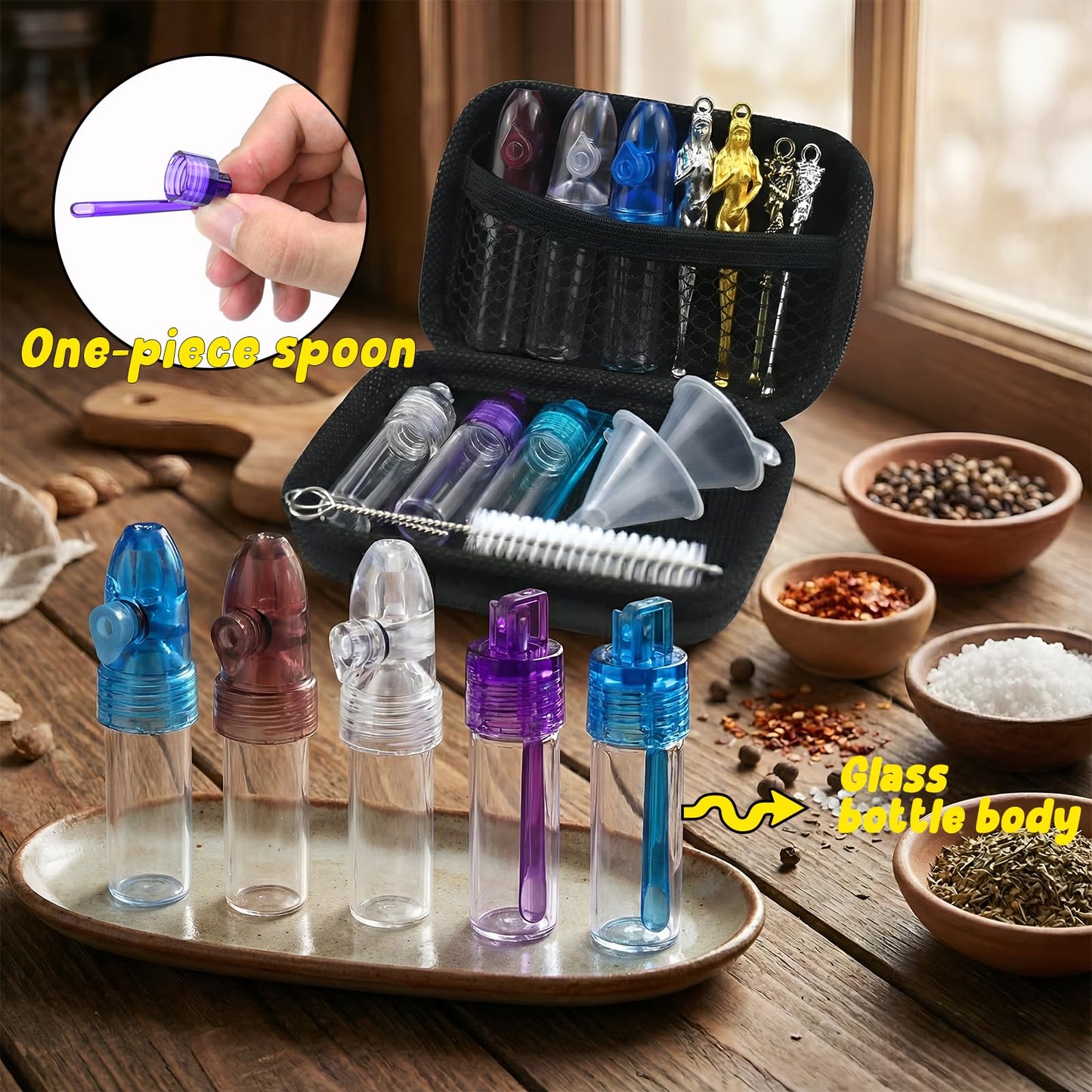 Molybdix Portable Spice Dispenser, 15 Pack Camping Seasoning Container Kit, Travel Spice Container Set with Metal Bottles, Spoons, Funnels, Brush and Case for Camping, BBQ, Hiking and Picnic Cooking