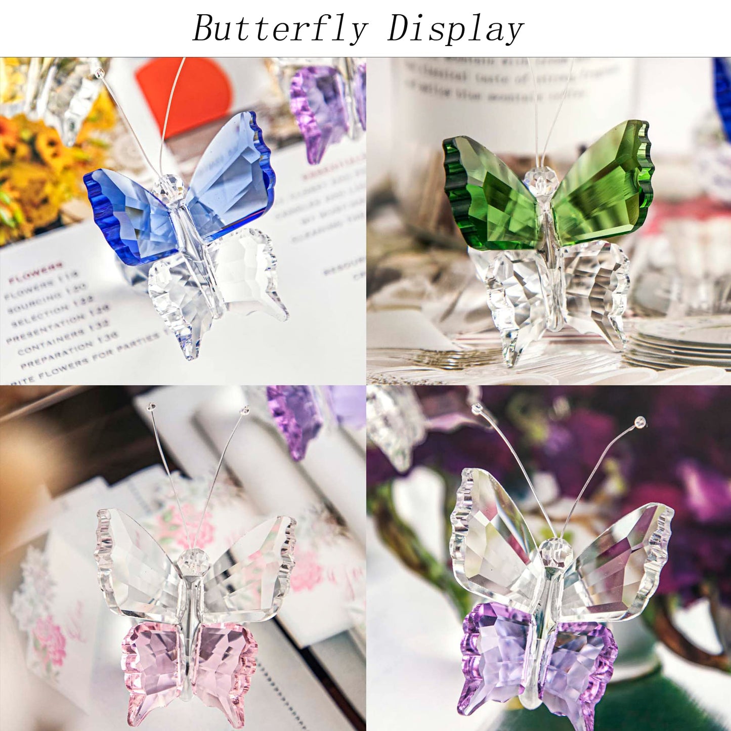 H&D HYALINE & DORA Set 4pcs Crystal Flying Butterfly with Ball Base Figurine Cut Glass Ornament Statue Animal Figurine Collection Home Wedding Office Table Decorations