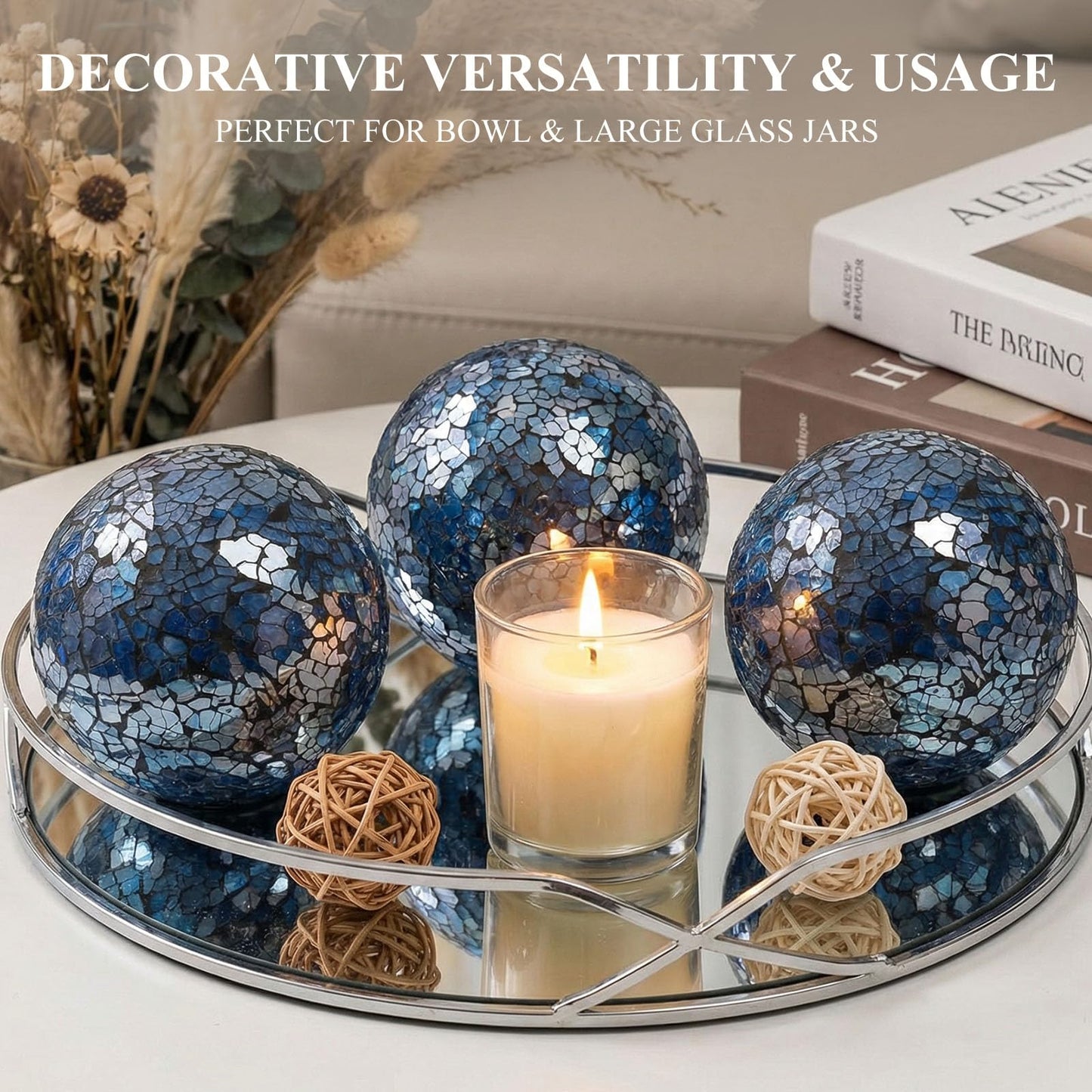 DomeStar 3PCS Decorative Balls, Mosaic Glass Orbs Centerpiece Balls 4inch Dark Blue Orbs for Decorate Bowls Vases Tables Wedding Party