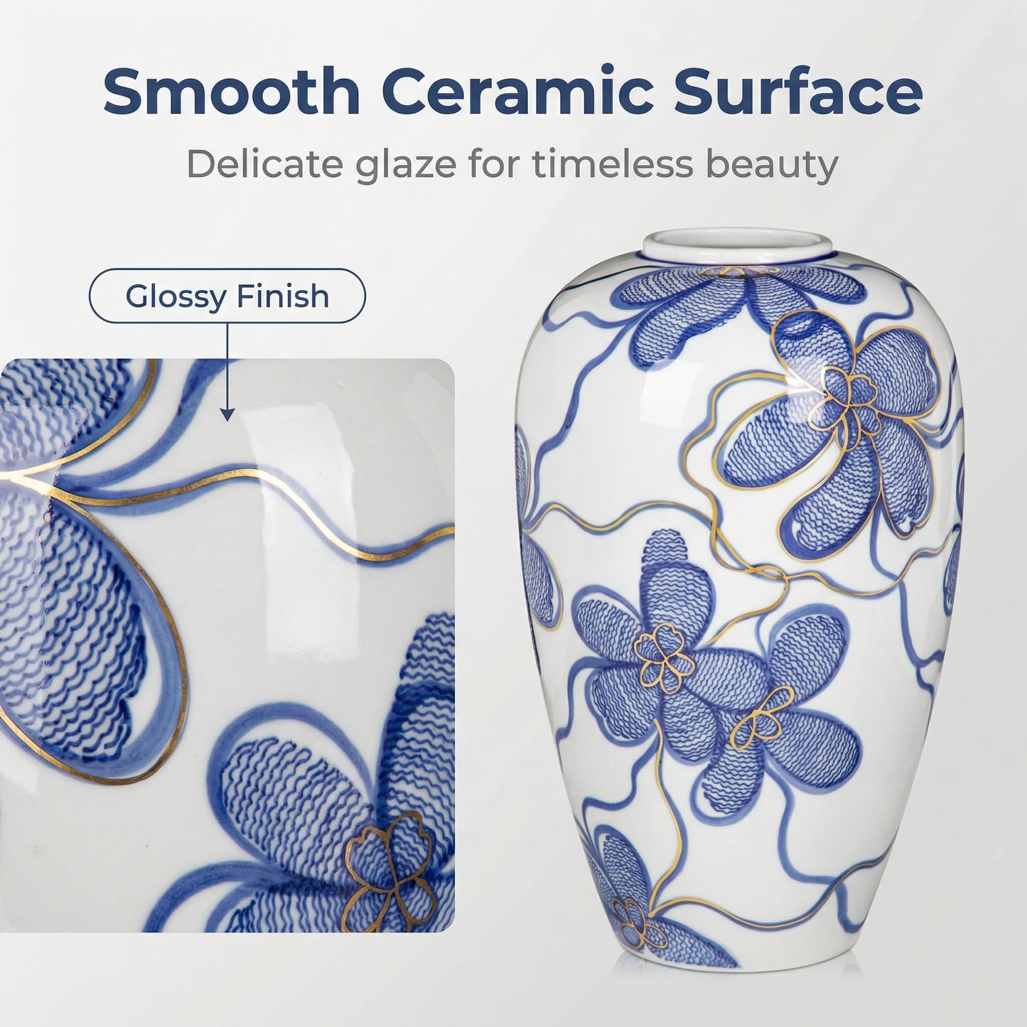 Blue and White Ceramic Vase for Home Decor – Hand-Painted Porcelain Flower Vase with Gold Accents – Chinoiserie-Inspired Home Decor Vase – 11" for Table, Shelf, or Mantel