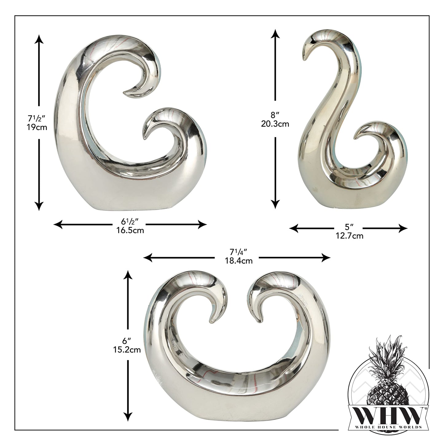 WHW Whole House Worlds Eternity Curl and Wave Sculptures, Set of 3, Decorative Modern Art, Silver Titanium Glazed, High Fired Stoneware, 8.25 Inches