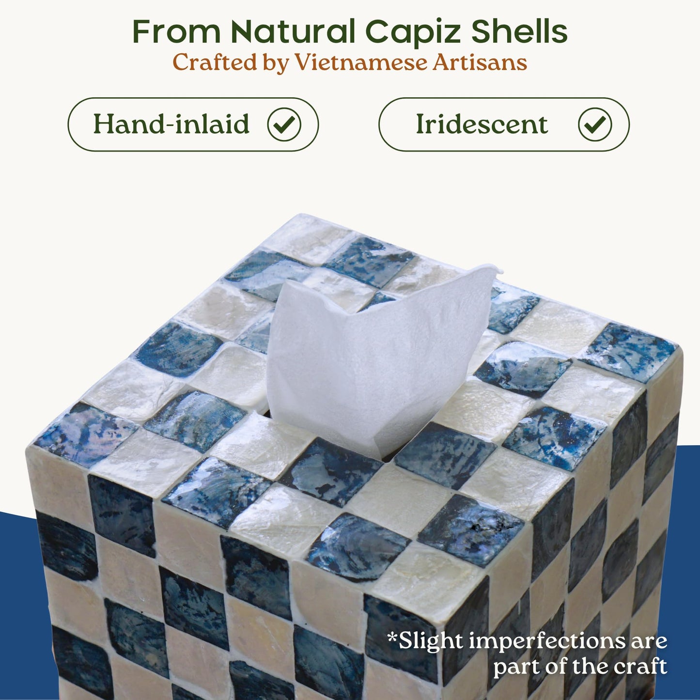 CHI AN HOME 5.5" Square Tissue Box Cover, Handmade Checkered Cube Tissue Box Cover with Capiz Shells, Decorative Mother of Pearl Tissue Holder for Living Room, Bathroom, Bedroom or Office (Navy Blue)
