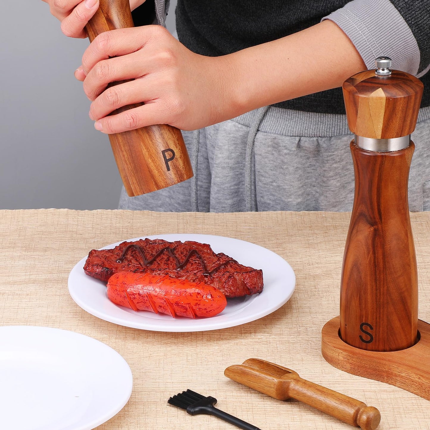Ckhoid 2Pcs Wooden Salt and Pepper Grinder Set, Manual Pepper Grinder with Ceramic Core, Adjustable Coarseness, Along with Salt&Pepper Mill Tray, Spoon (8.7 Inch)