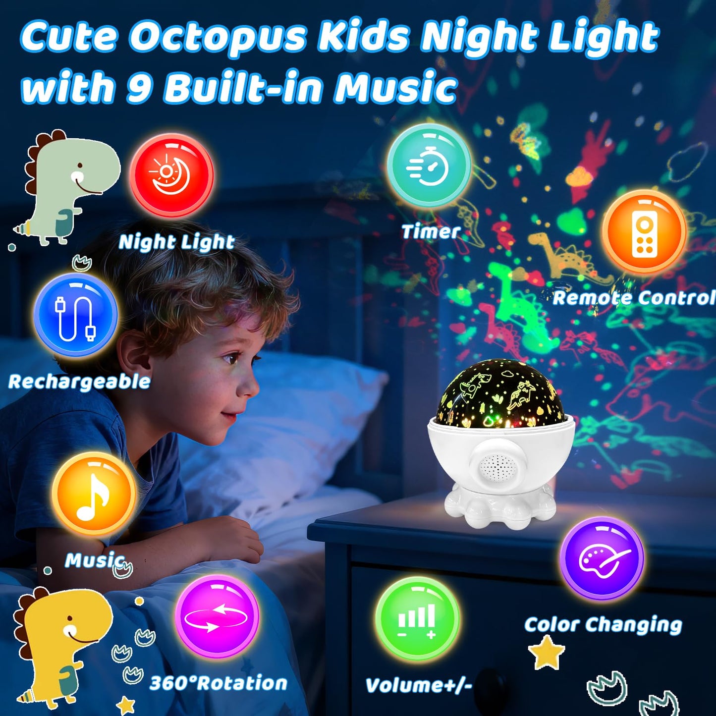 Cute Octopus Night Light Projector,17 Light Modes Ocean Star Projector with 360° Rotation, 3 Projection Films and 9 Lullaby Songs,Night Lamp with Remote and Timer, Gifts for Family and Friends (White)