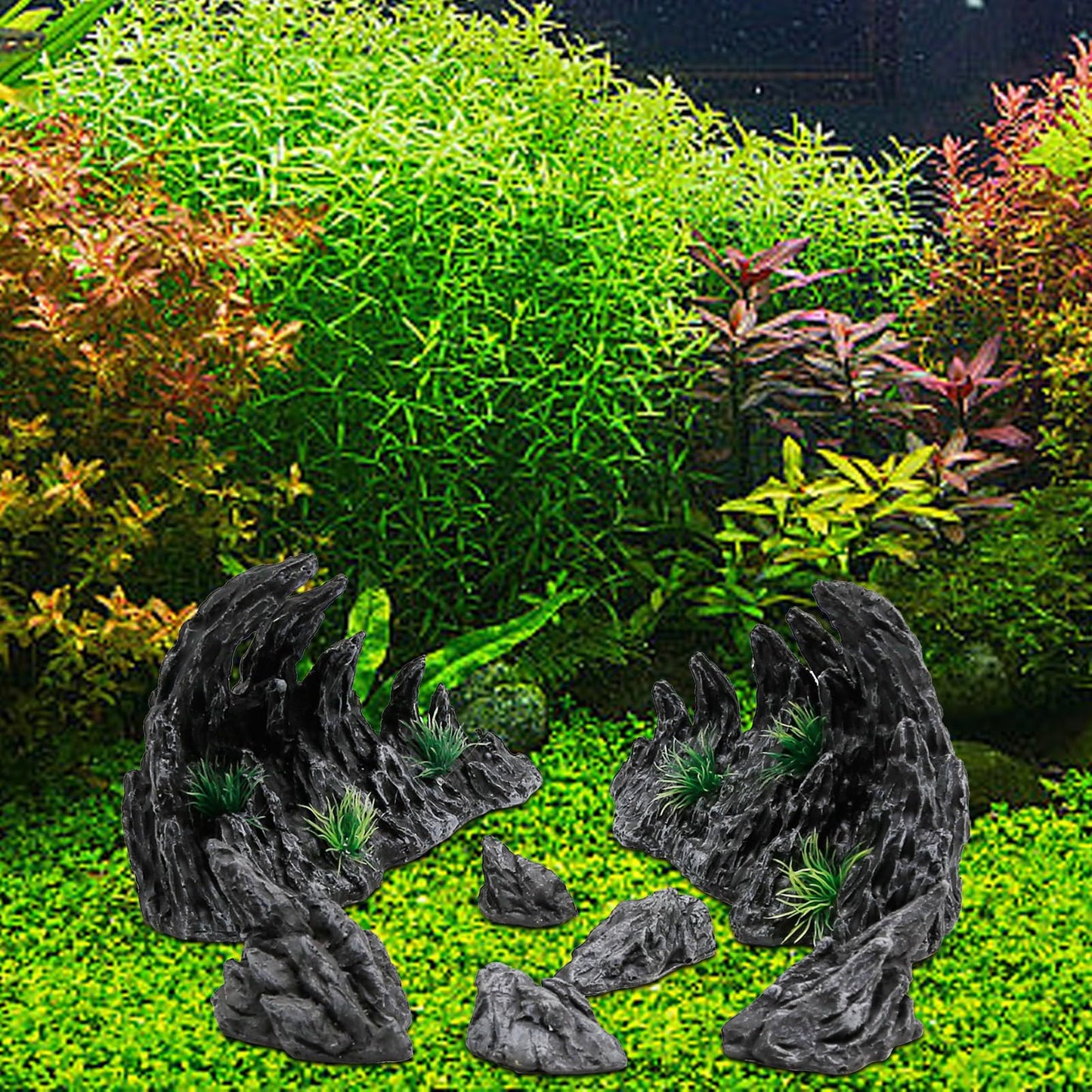 Large “Soul Valley” 7pcs Resin Aquarium Decor Set – Fish Tank Decorations, Imitation Stone Ornaments for 12-20 inch aquariums, Natural Rock Style Decor for Fresh/Saltwater Landscaping Aquariums