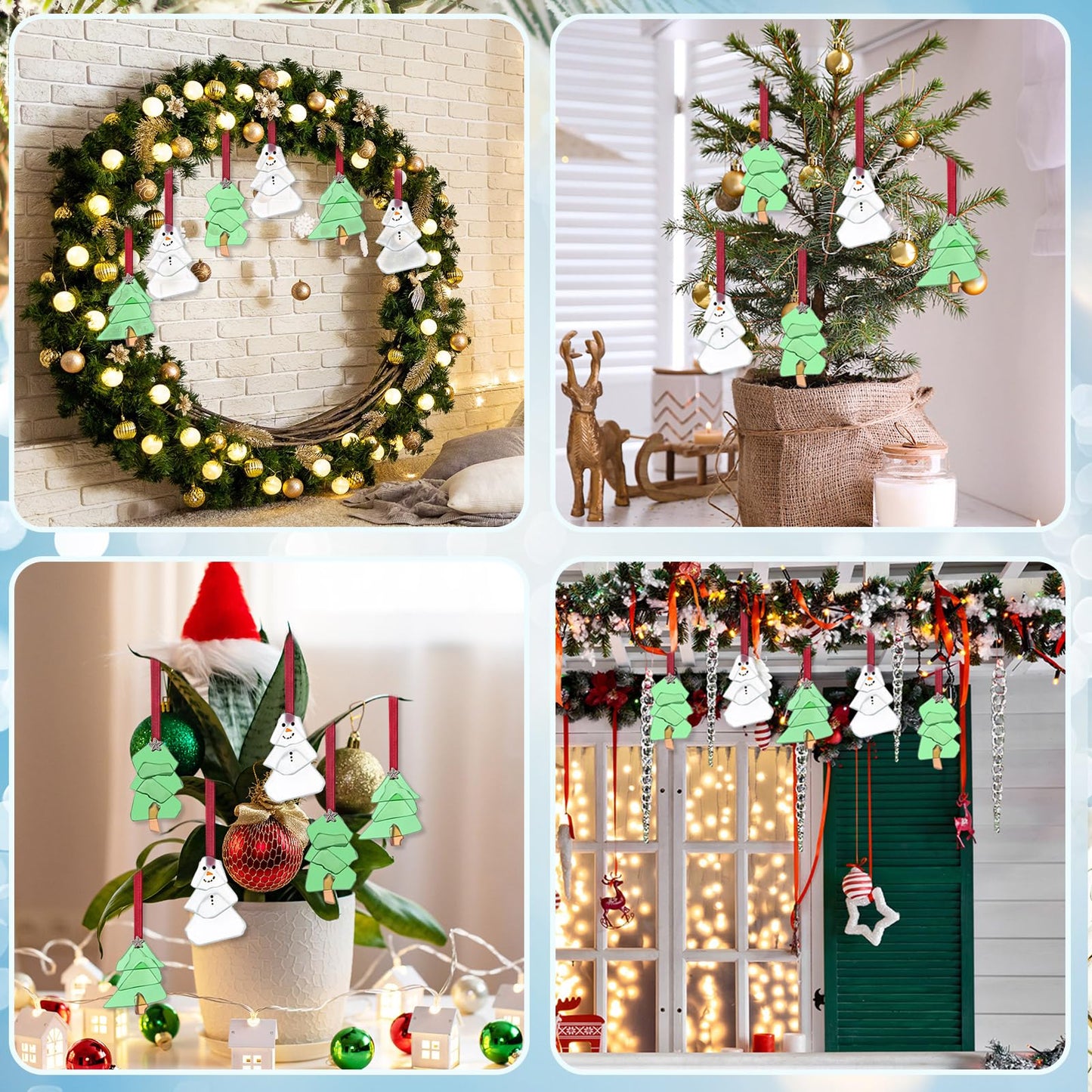 Zhehao 6 Pcs Christmas Tree Ornaments Sea Glass Christmas Tree and Sea Glass Snowman Crystal Xmas Craft Hanging Decoration Ocean Beach Seaglass Ornament Set for Xmas Party Home Decor