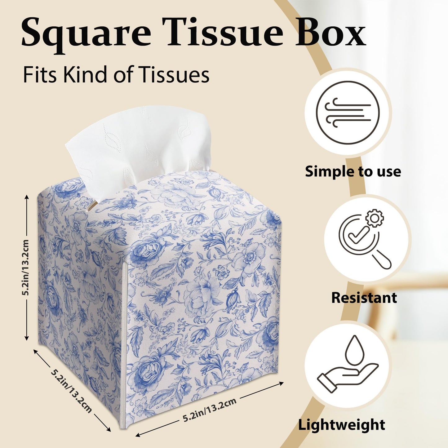 Boho Floral Toile Tissue Box Cover, Blue and White Floral Tissue Box Holder-Waterproof Leather, Desktop Decor for Living Room, Vanity, Office, Gift for Women & Friend, 5 x 5 Inches-A02
