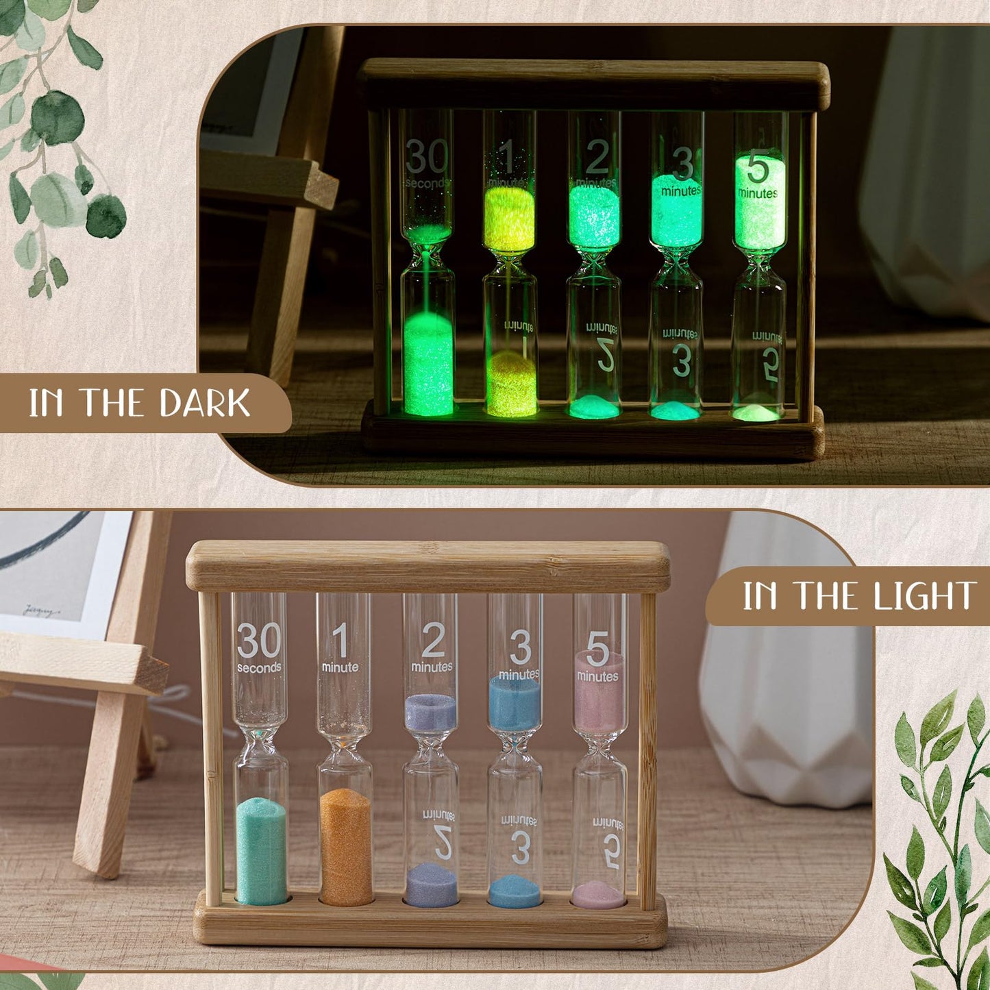 Halloscume Glow in The Dark Sand Timer 0.5/1/2/3/5 Wooden Sand Glass Luminous Hourglass Creative Timing Tools for Decorations Brush Teeth Home Office Cooking Classroom