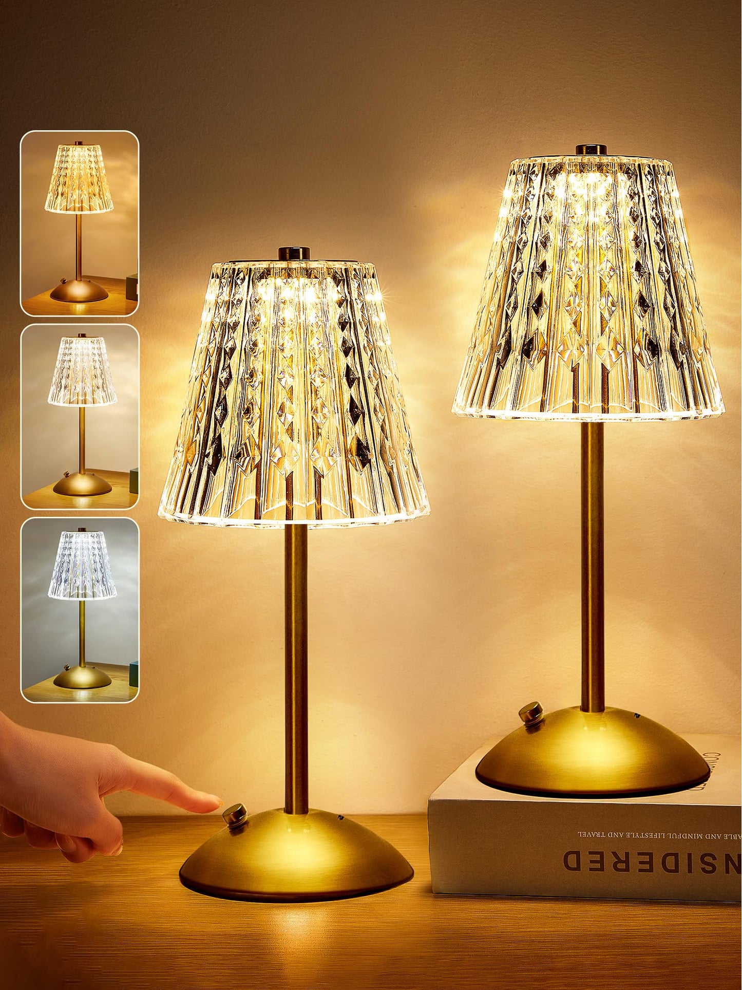 One Fire Nightstand Lamps Set of 2, Dimmable Crystal Table Lamp 3 Colors Gold Lamp,Touch Lamp Bedroom Lamps, Rechargeable Small Lamp, Bedside Lamps Set of 2 for Bedroom Living Room Bathroom Hotel Bar