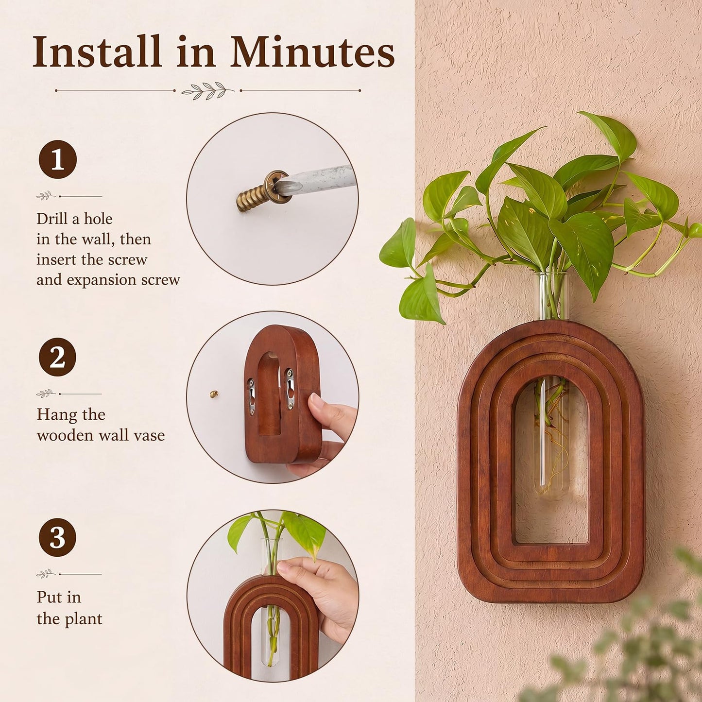 Capoda 3 Pack Wood Wall Planter Arch Propagation Station Wooden Hanging Vase with Glass Tube Boho Rustic Farmhouse Wall Decoration for Indoor Living Room Bedroom Bathroom (Dark Brown)