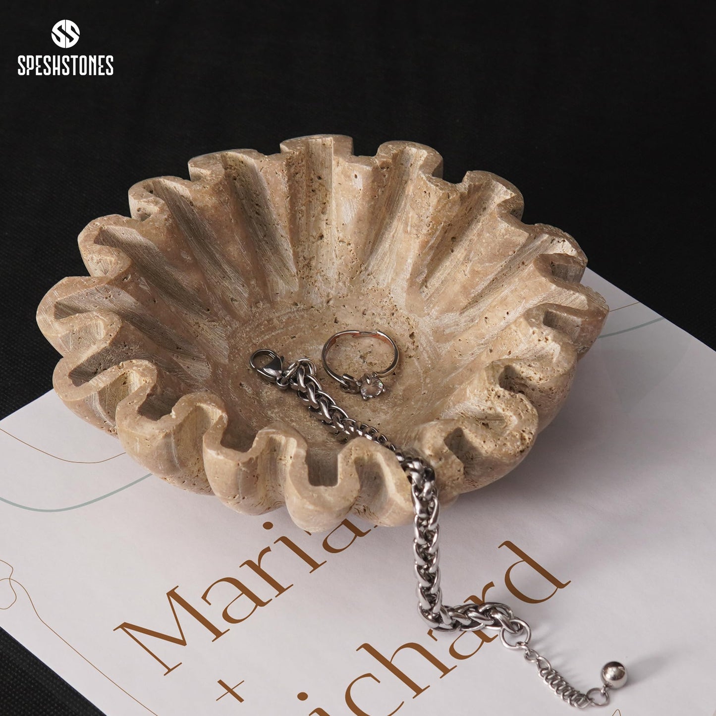 SPESHSTONES Marble Scalloped Bowl 6 Inch Handmade Travertine Ruffle Bowl, Small Bowls for Tables Centerpieces & Housewarming Gifts, Modern Ring Dish, Fruit & Key Bowl for Entry Table, Fluted Bowl