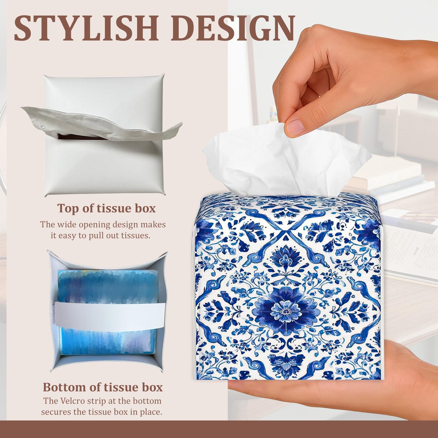Blue White Ornament Tiles Tissue Box Cover Square Leather Tissue Case Holder Facial Paper Organizer Decorative for Tabletop Night Stands Desk Bathroom Kitchen Home Decor, 2Pack