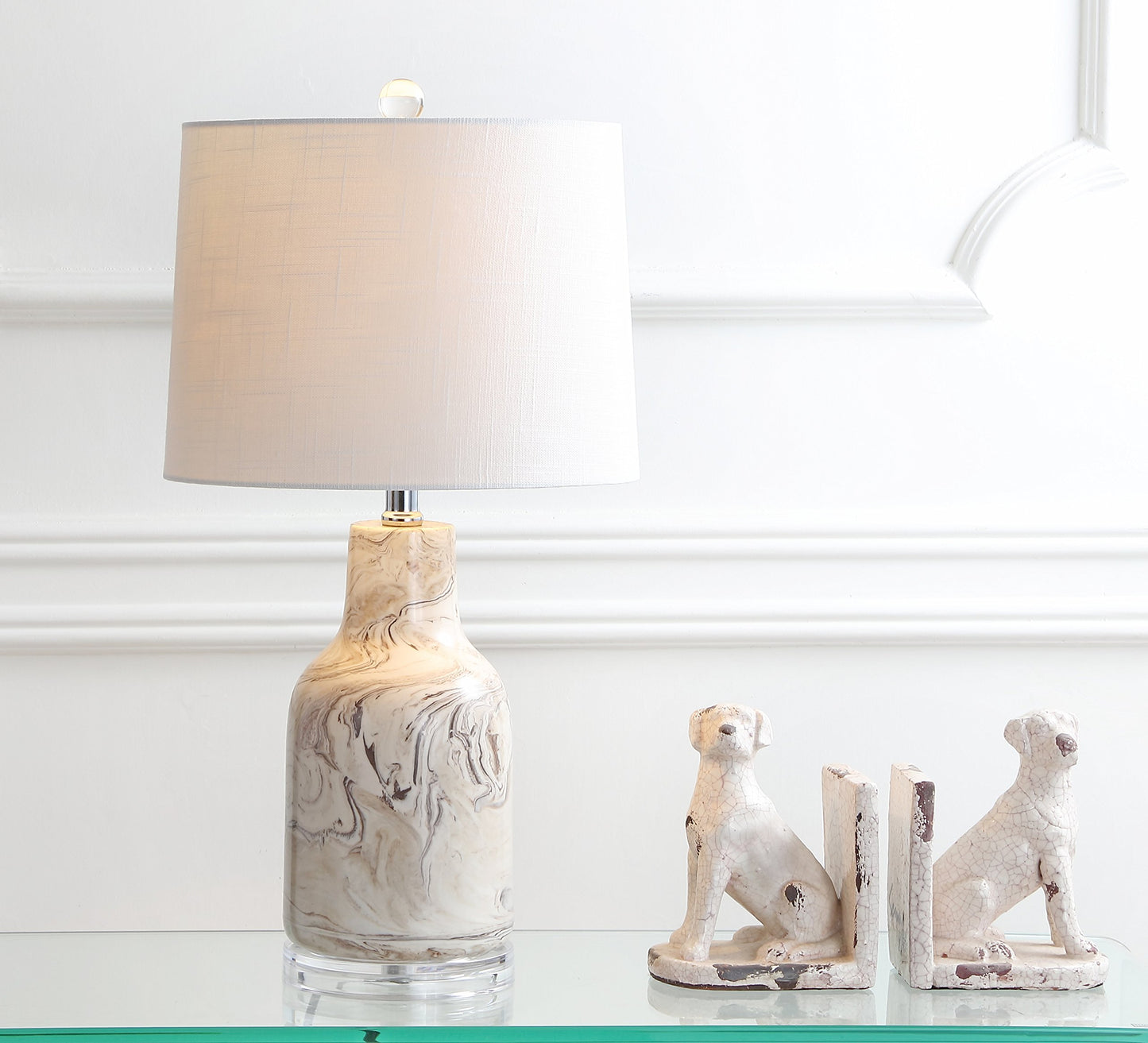 JONATHAN Y 23" Gray and White Marble Ceramic LED Table Lamp, Traditional Hand-Finished Bedside Lamp for Living Room Bedroom, White Linen Shade, LED Bulb Included JYL3004A