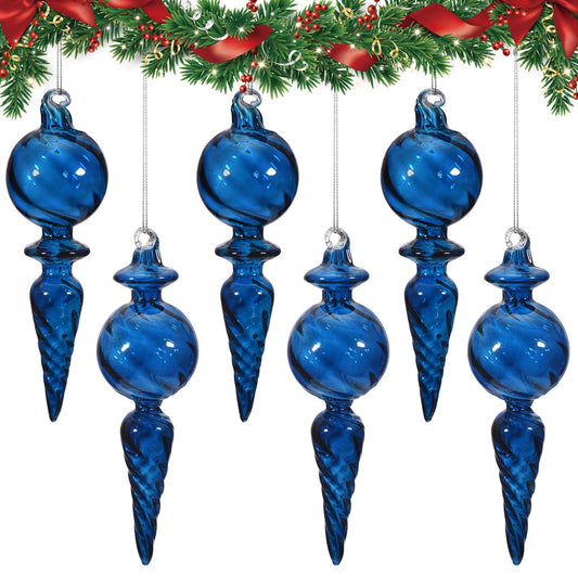 6PCS 6-Inch Hand-Blown Glass Finial Christmas Tree Hanging Ornaments -Large Elegant Clear Glass Vintage Holiday Decorations for Tree, Mantel, Party - Luxury Handmade Seasonal Décor(Blue)