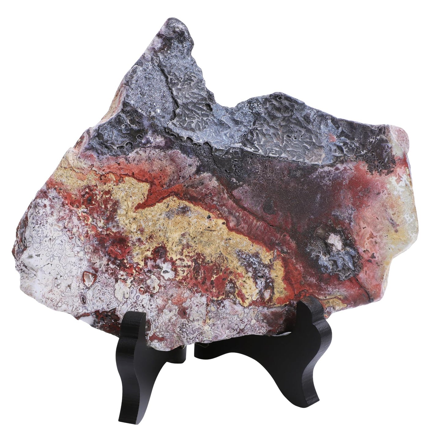 Rockcloud Natural Mexican Agate Slab with Wooden Stand, Irregular Agate Slice Specimen for Home Office Table Display, 0.22-0.44 lb