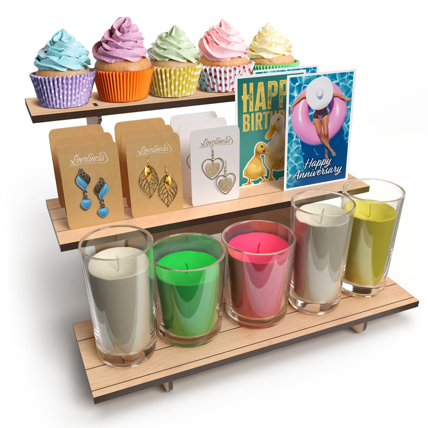 Straight Natural Wooden Tiered Display Stand, Portable Products Display Shelf, Jewelry Display, Card Display Rack, Display Risers, Altar Shelf, Display Stand for Vendor Events, Retail, Craft Shows