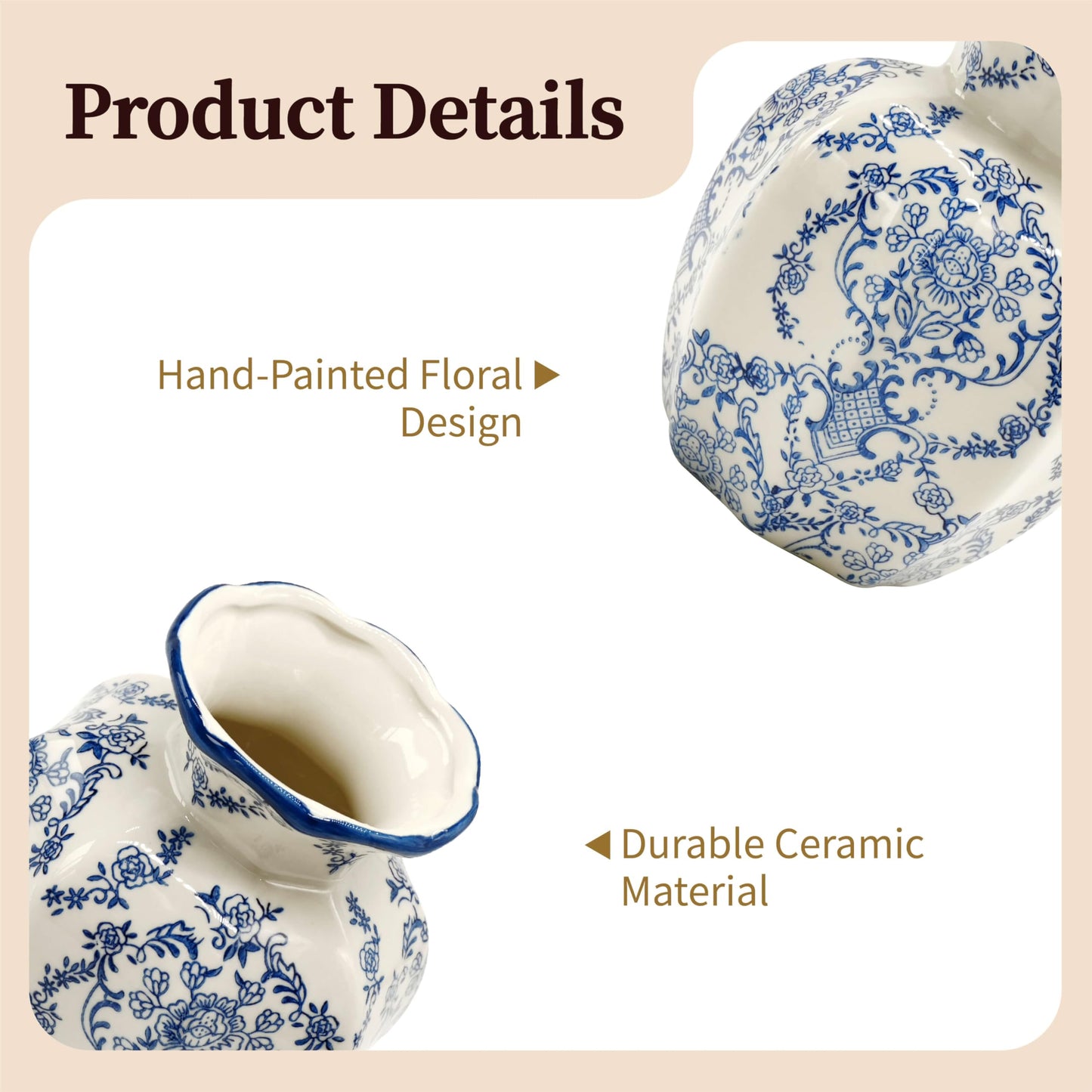 SEICASAYA 6-inch Height Vintage Blue Ceramic Flower Vessel – Elegant Hand-Painted Floral Design, Durable Ceramic Construction， (Crabapple Blossom)
