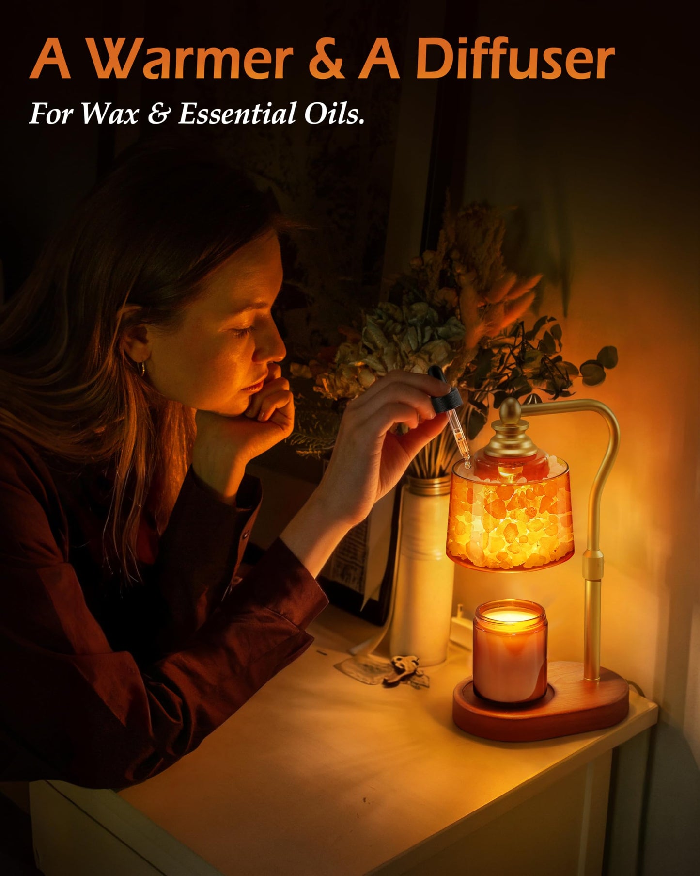 CaHomet 3-in-1 Candle Warmer Lamp with Timer Dimmable, Himalayan Salt Lamp & Passive Diffuser, Gifts for Women, House Warming Gifts, Wax Melt Warmer for Jar Candles (Gold)