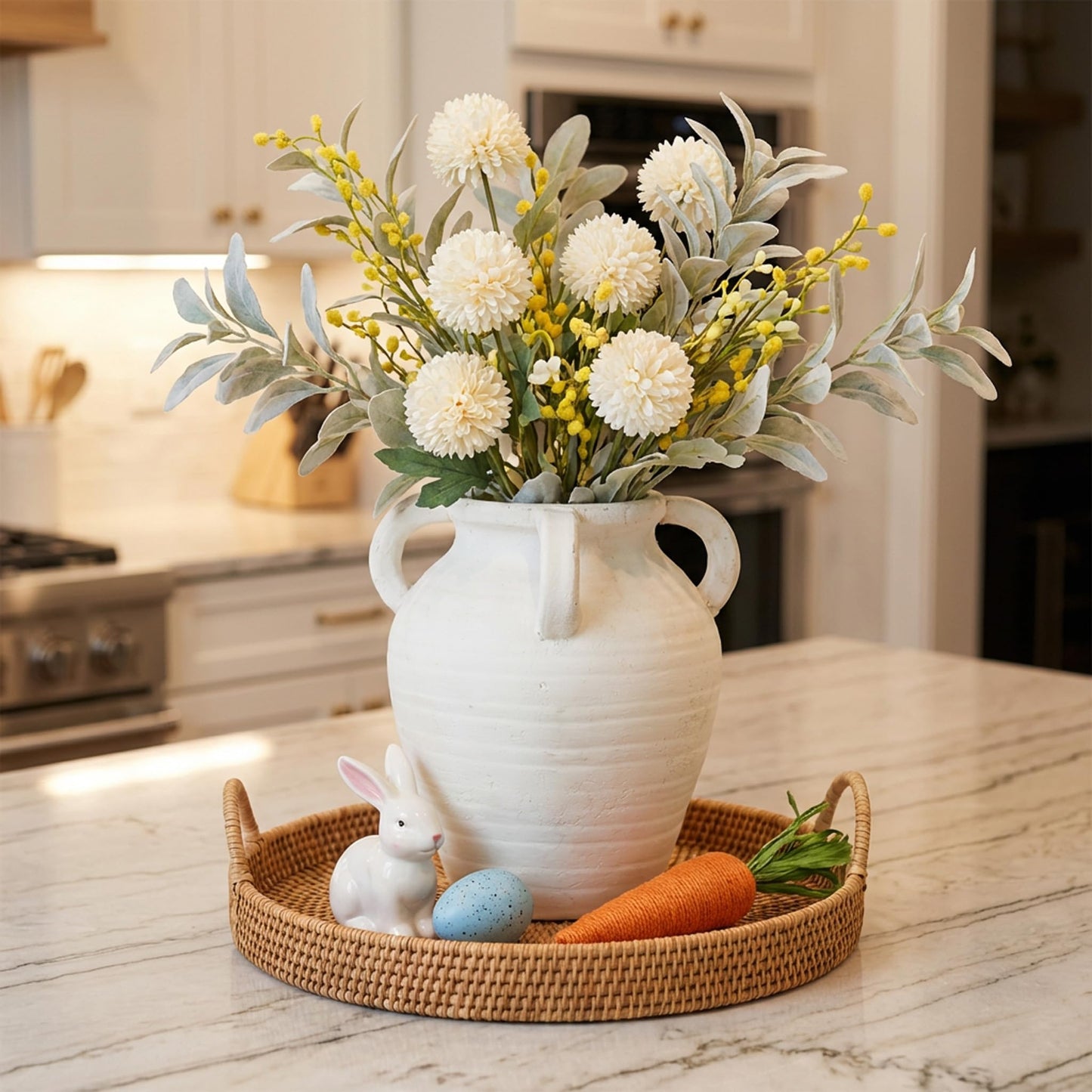 Rustic White Ceramic Vase, Wide Mouth Terracotta, Antique Decorative Flower Vase with 4 Handles, 9.7 in