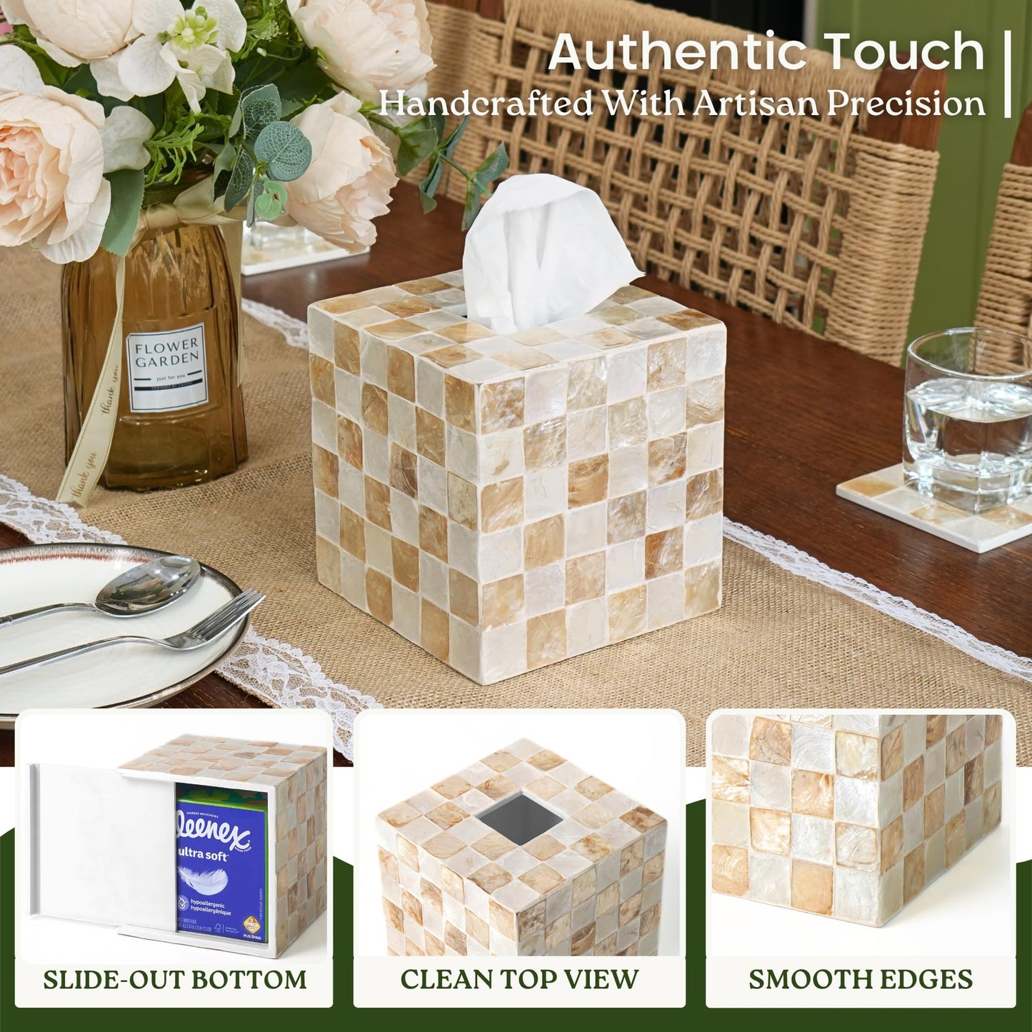 CHI AN HOME 5.5” Square Tissue Box Cover, Capiz Shells Cube Tissue Box Holder with Bottom Slider, Checkered Tissue Box Cover Mother of Pearl Decorative Tissue Holder for Bathroom Vanity, Office, Ivory