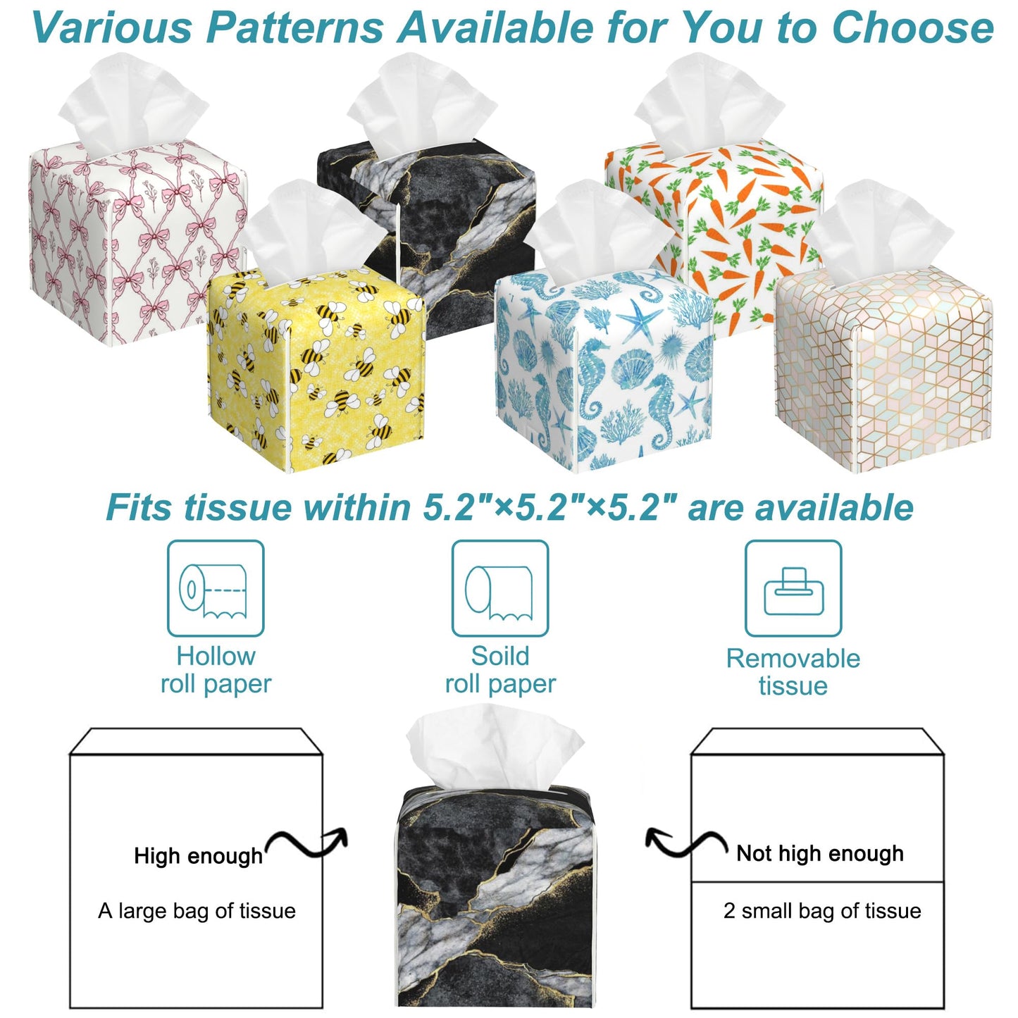 Black White Marble Tissue Box Cover Square,Golden Veins Leather Tissue Holder with Bottom Belt,Facial Paper Organizer Tissue Box Cover for Home Office Bathroom Vanity Countertop,5.2" x 5.2" x 5.2"